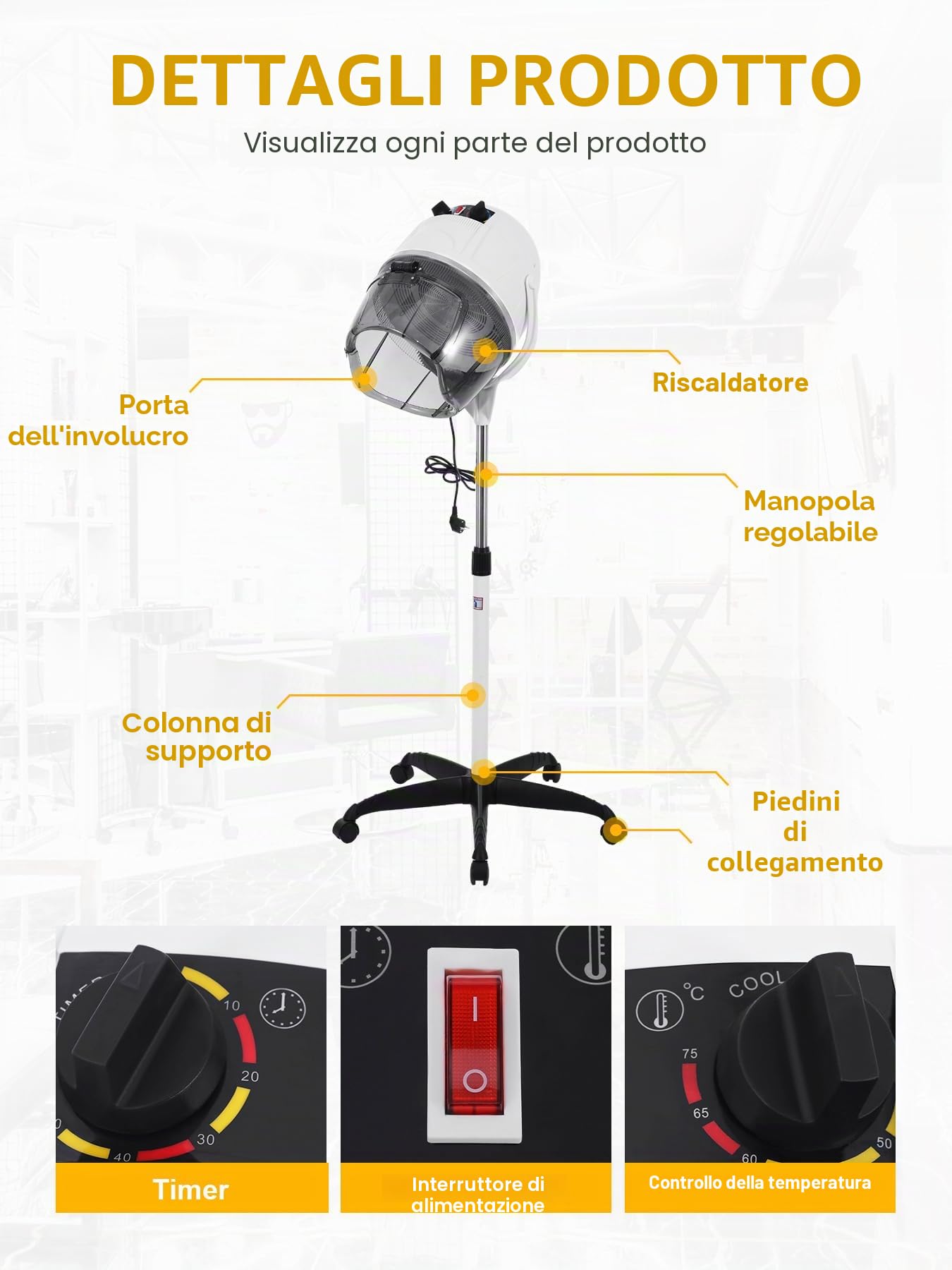 Professionale 1050W Asciugacapelli con treppiede, altezza regolabile 78-128 cm, timer 0-60 min, temperatura 0-75°C