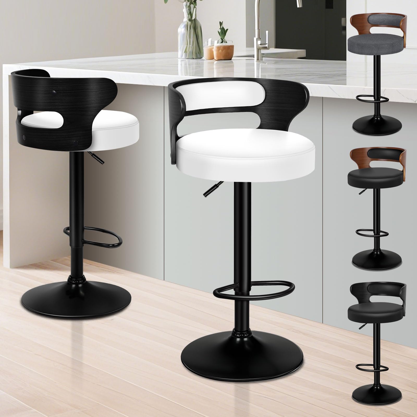 ALFORDSON Bar Stools Set of 2, Comfy Barstools PU Leather, 360° Swivel Wooden Kitchen Chair with Backrest and Footrest, for Dining Room Pub Bar Countertop, Ramiro Series, Black & White