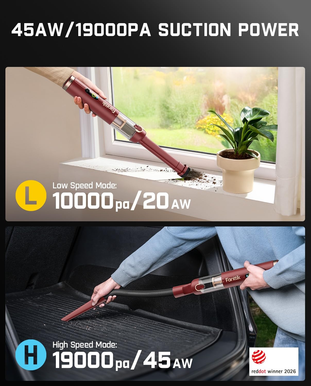 Fanttik Slim V10 APEX Cordless Car Vacuum, 4-in-1 Portable Mini Handheld Vac, Upgraded Smart Digital Display, 19kPa Suction Power, 2 Suction Modes for Small Jobs, Car, Office Desk, Keyboards (Red) view 6