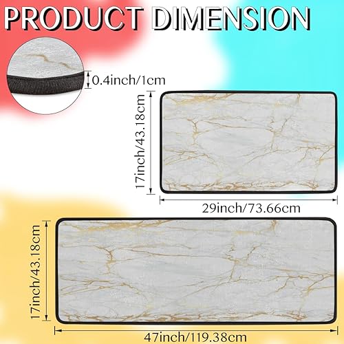 Miniatura 2 de GUYOS Tapete de cocina acolchado con patrón de incrustaciones doradas de mármol blanco y antifatiga, juego de 2 alfombrillas de cocina para piso,