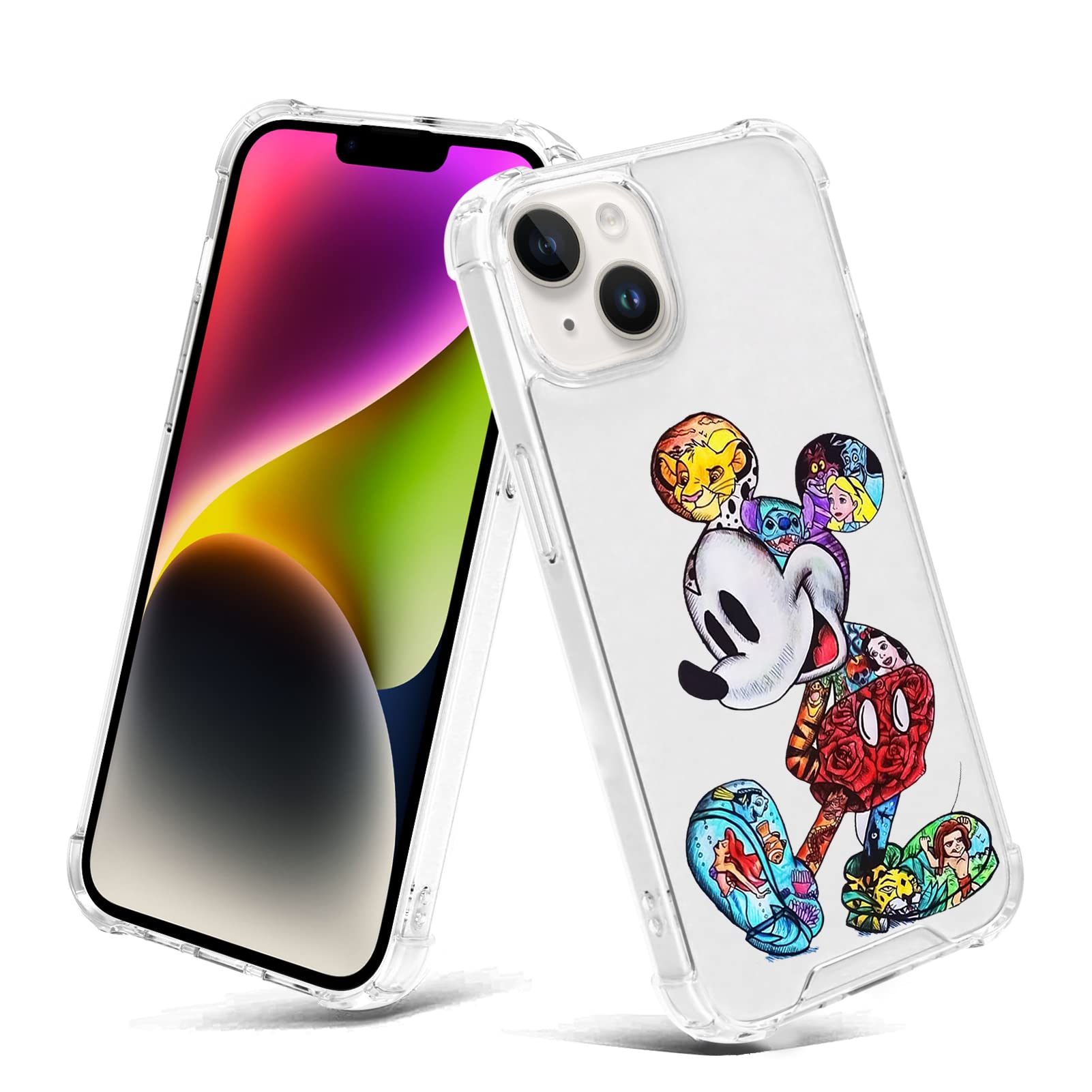 cuwana Clear Case for iPhone 14 6.1 Inch M Colorful Cartoon Print Crystal Slim Soft Bumper Anti-Scratch Four Corners Shockproof Protection Hard Back Cover