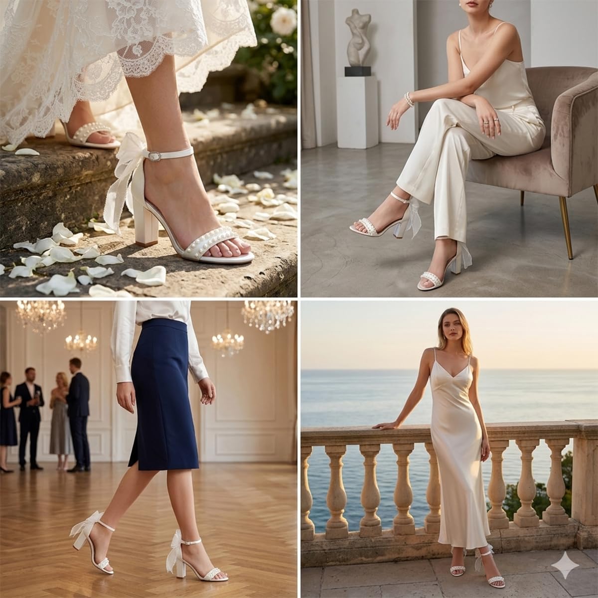 Sandali da Donna in Satin con Tacco Largo Perle e Fiocco in Mesh Eleganti Scarpe da Sposa Cerimonia