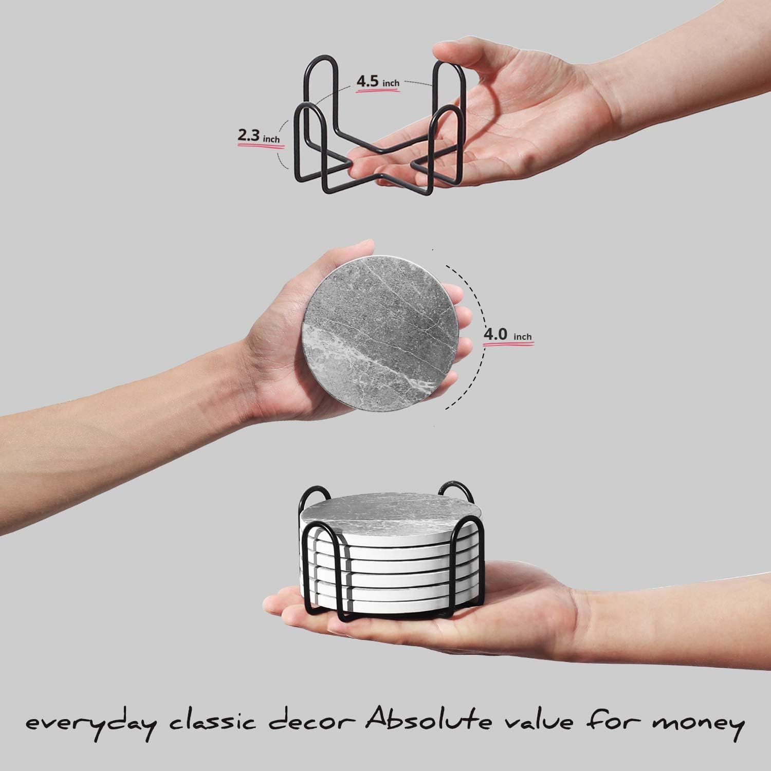 LIFVER Coasters for Drinks Absorbent, Living Room Decor, Ceramic Coasters Set of 6 with Cork Base, Protect Wooden Table or Furniture from Scratched, Drink Coasters with Holder - Grey - Image 4