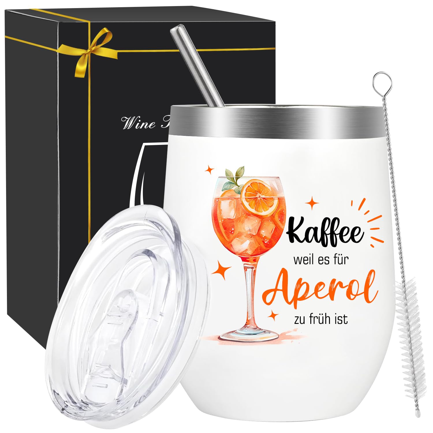 Aperol kubek do wina, stal nierdzewna, 350 ml, owalny, wielokrotnego użytku, podwójne ścianki z izolacją próżniową, dla miłośników aperilu, na imprezę, do baru, kuchni, podróży, prezent dla
