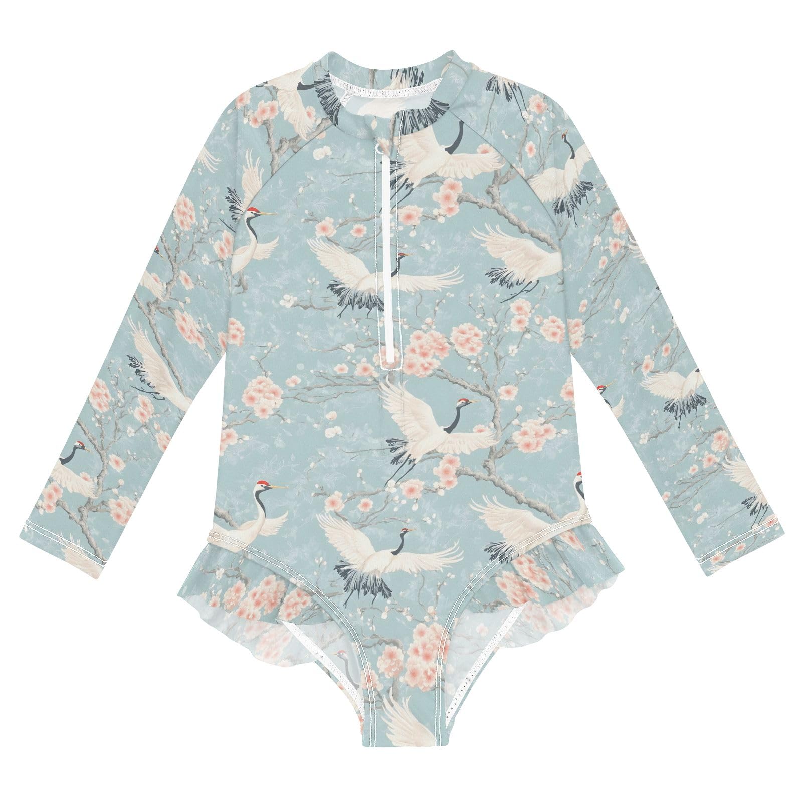 CHIFIGNO Quick Dry One Piece Swimsuits Girls Peach Blossoms White Cranes Rash Guard UPF 50+ Sport Bathing Suit Zipper Swimwear, Size 9-10