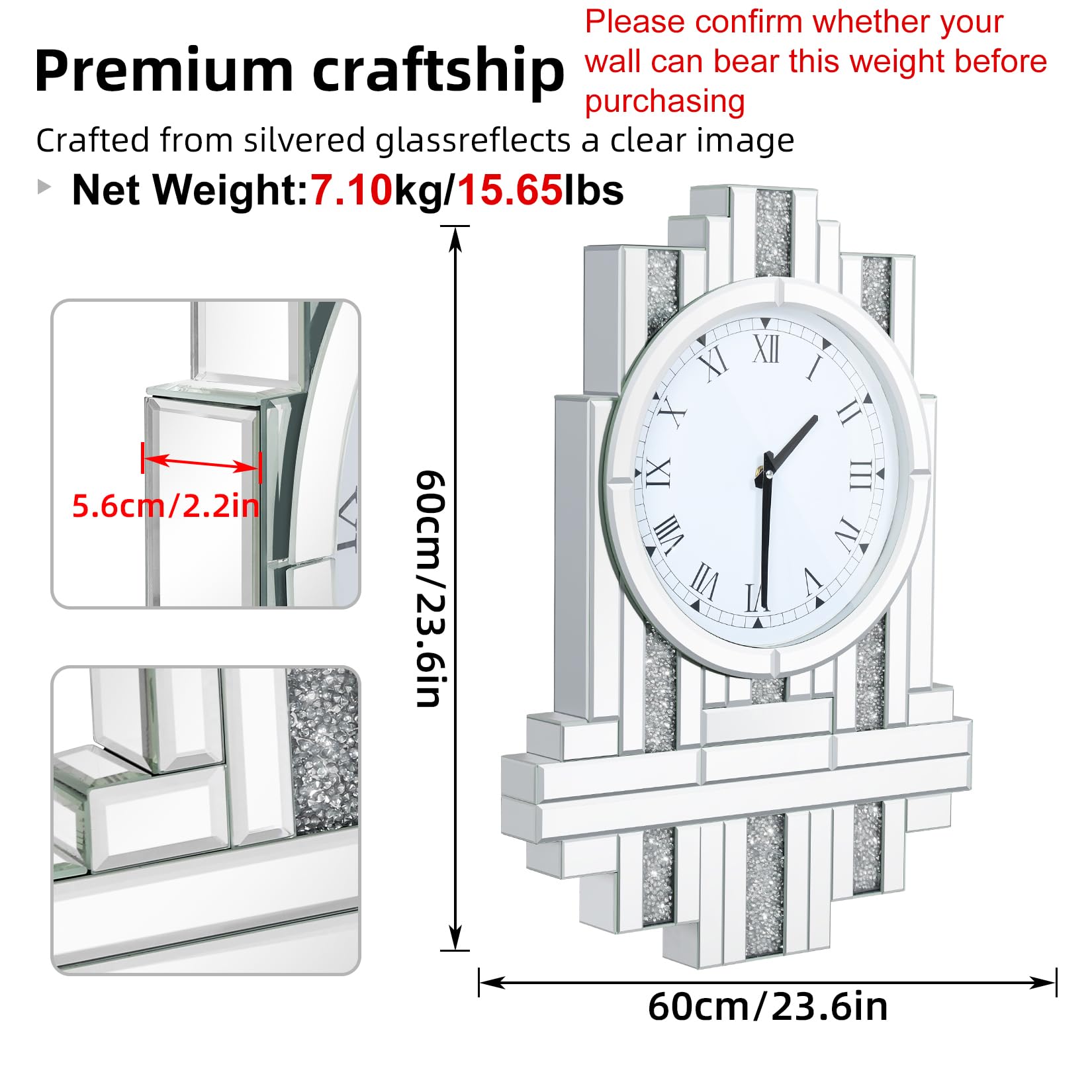 Wanduhr Wohnzimmer Große Dekouhr: 60 cm Küchenuhr Stille Römische Ziffernuhr Modern Kristall Luxus Wand Deko für Wohnzimmer, Küche, Schlafzimmer