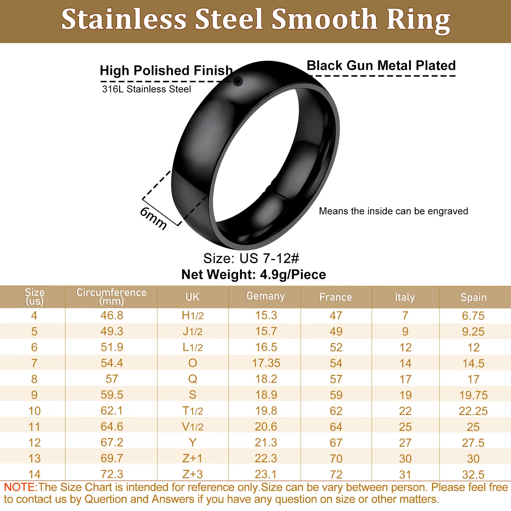 Bestyle Anillos Acero Inoxidable para Hombre Mujer 6mm Dorado/Plate/Negro | para Parejas Anillos de Compromiso Tamaño 14.5-27.5 Anillo Pareja de Moda Tamaño Unisex Compromiso Boda Aniversario Navidad