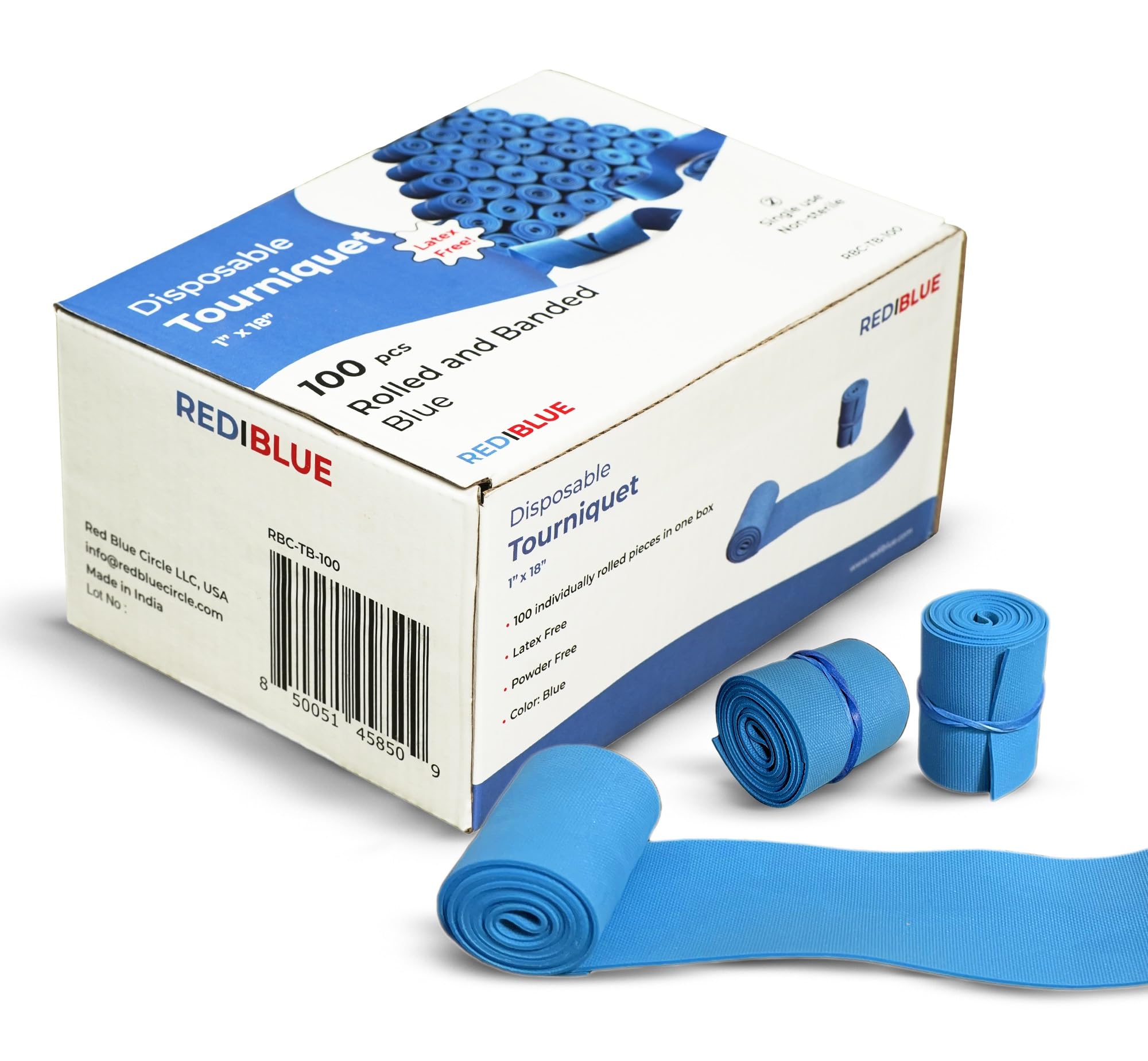 REDIBLUE Jednorazowa opaska uciskowa 2,5 cm x 45,7 cm bez lateksu – niebieska – opakowanie 100 sztuk