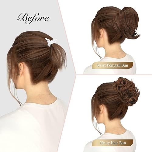 Miniatura 5 de Sidaila 2 extensiones de cabello sintético para moño desordenado, rizado, lacio, corto, moño recogido, elegante para mujeres (marrón oscuro)