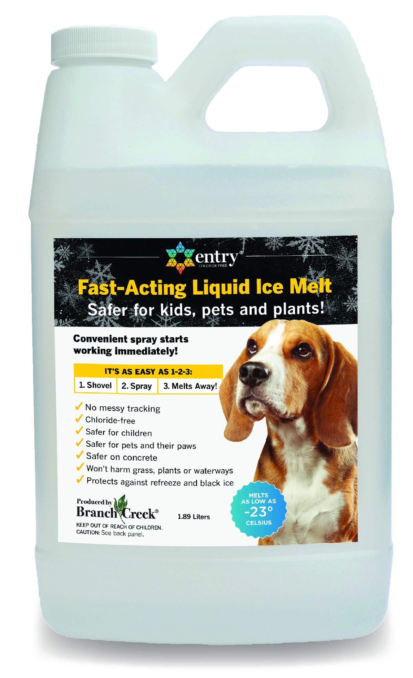 Branch Creek Entry Chloride-Free, Non- Toxic, Liquid Snow and Ice Melt Safer for Pets, Plants, Floors, Concrete, Sidewalks, and Metal for Residential or Commercial Use (0.5 Gallon)