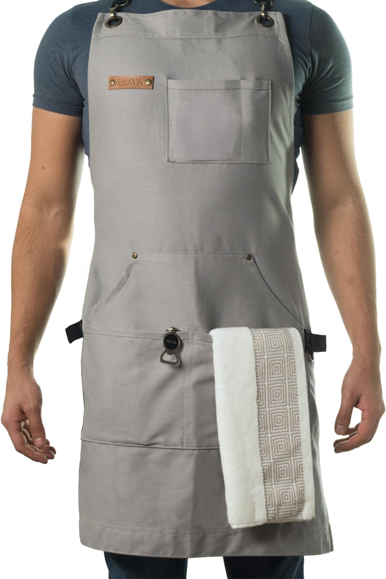 Chef and BBQ Apron with Bottle Opener and Hand Towel - 10oz Cotton Canvas, Stainless Steel Hardware - Cross Back Straps