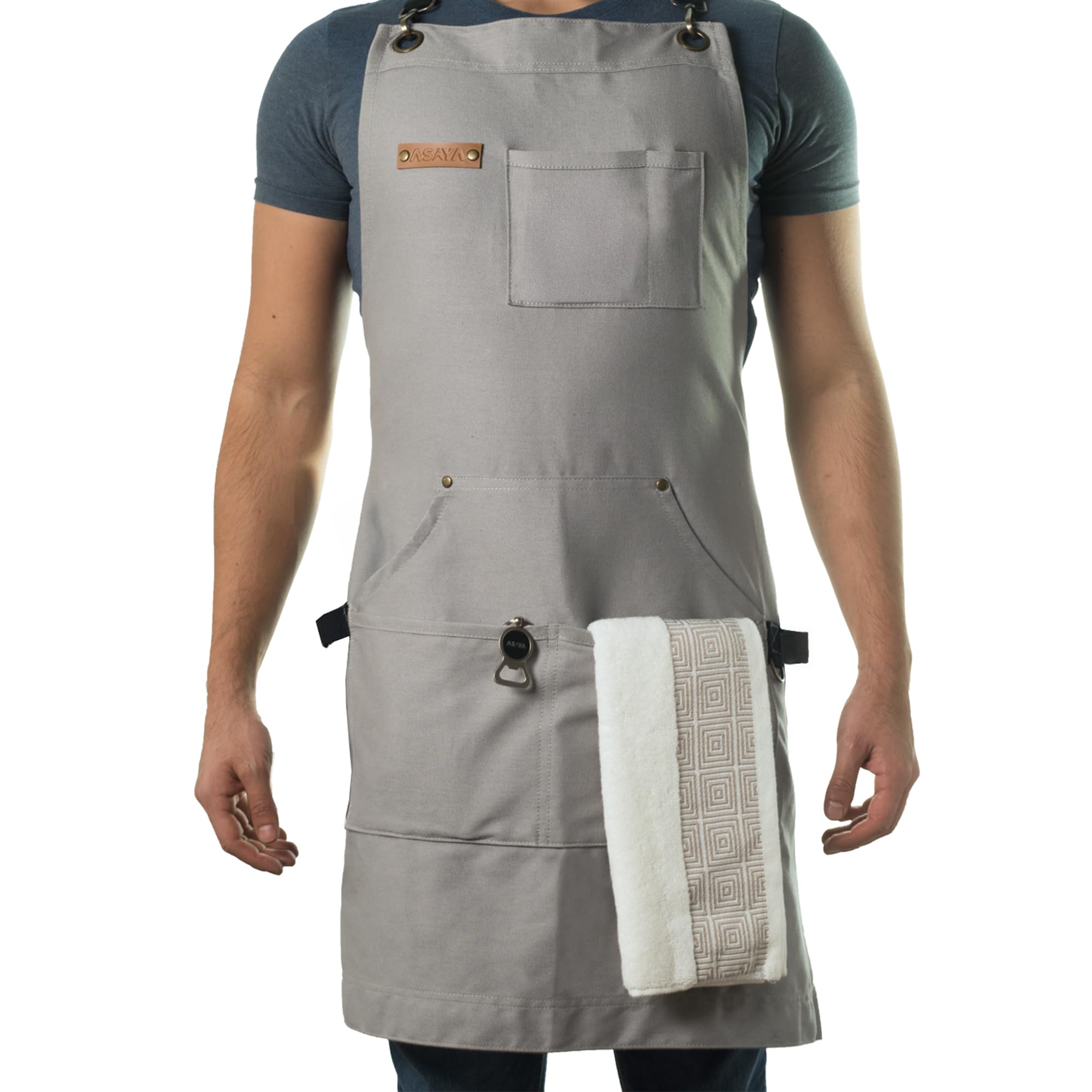 Chef and BBQ Apron with Bottle Opener and Hand Towel - 10oz Cotton Canvas, Stainless Steel Hardware - Cross Back Straps