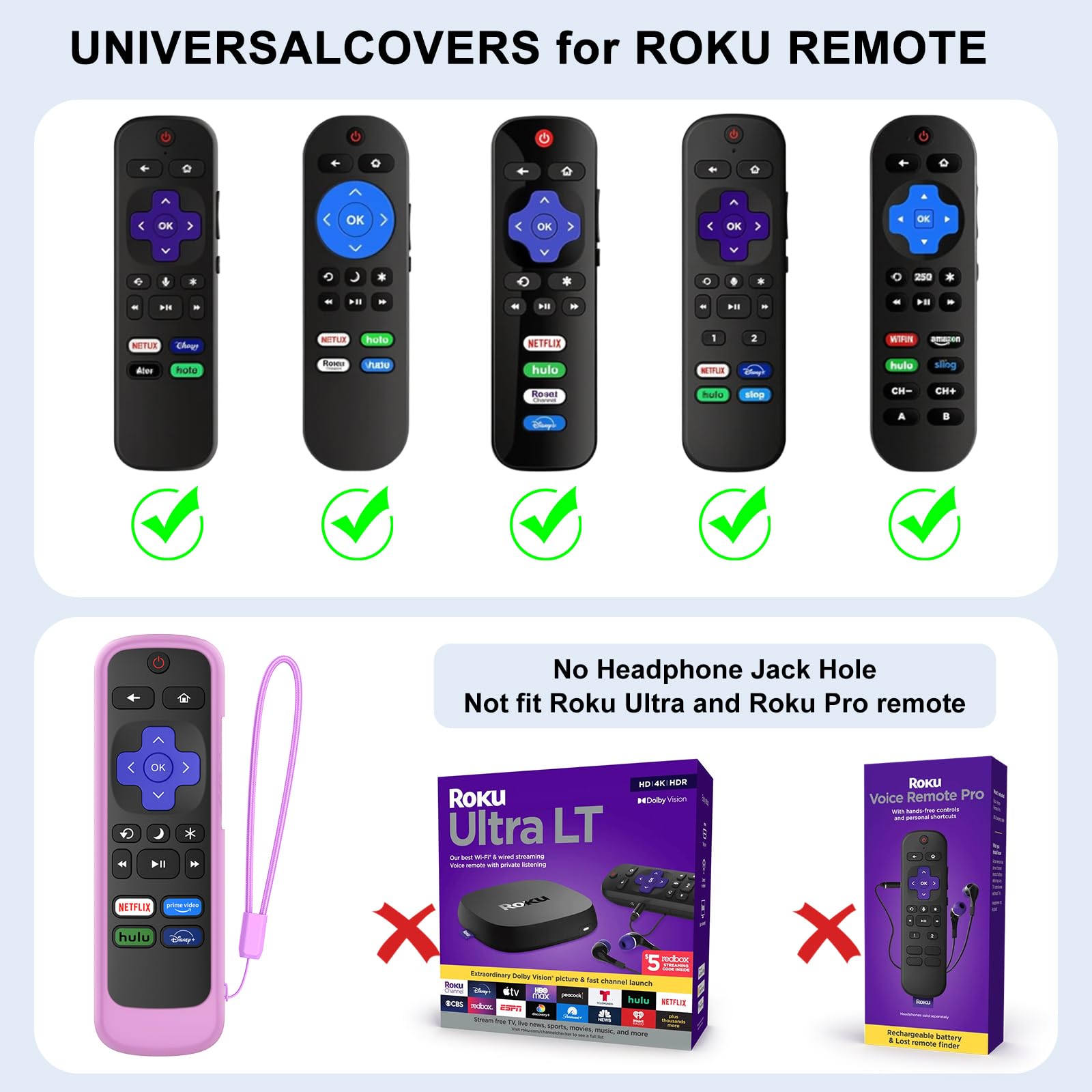 2 Pack Remote Cover for Hisense TCL Roku TV, Universal Silicone Replacement Remote Case Compatible with Roku Voice Remote, Glow in The Dark (Pink+Purple) - 2