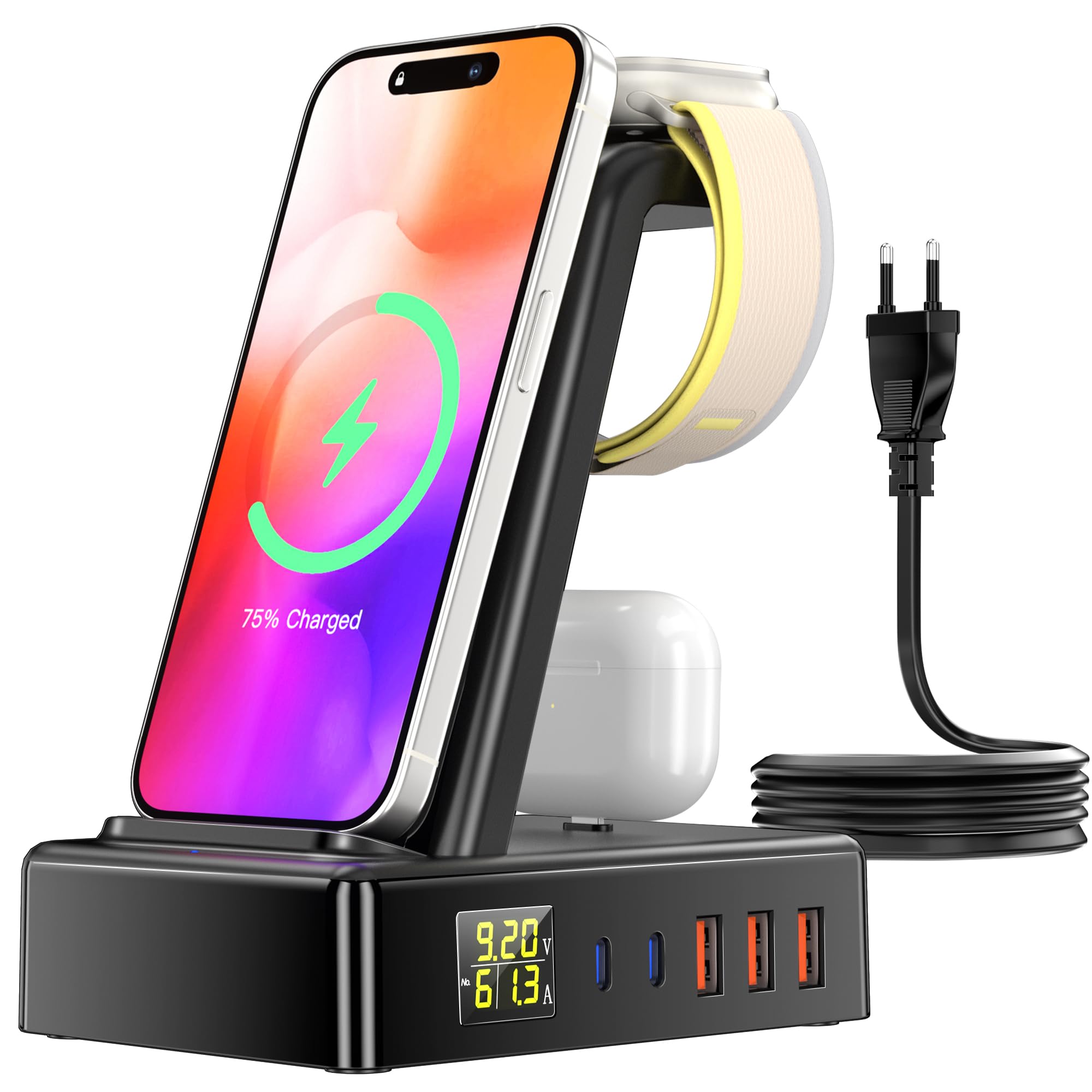 Caricatore USB Multiplo Caricatore Wireless, RFNAYK Caricatore USB C 100W Stazione di Ricarica 8 in 1 Presa Multipla USB Base con Display LED per i Phone i Pad Apple Watch Air- pods Samsung, Nero