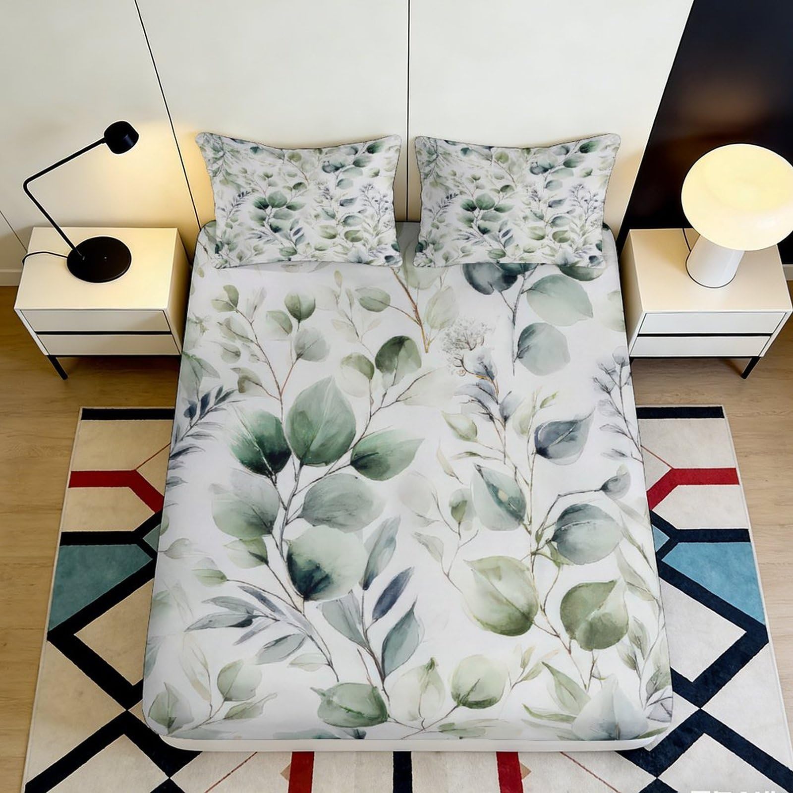 3D Printed Green Leaves Fitted Sheet Microfiber Soft Breathable Botanical Bed Cover for Bedroom Dormitory Guest Room Mattress Protection Decor 140x200x25cm