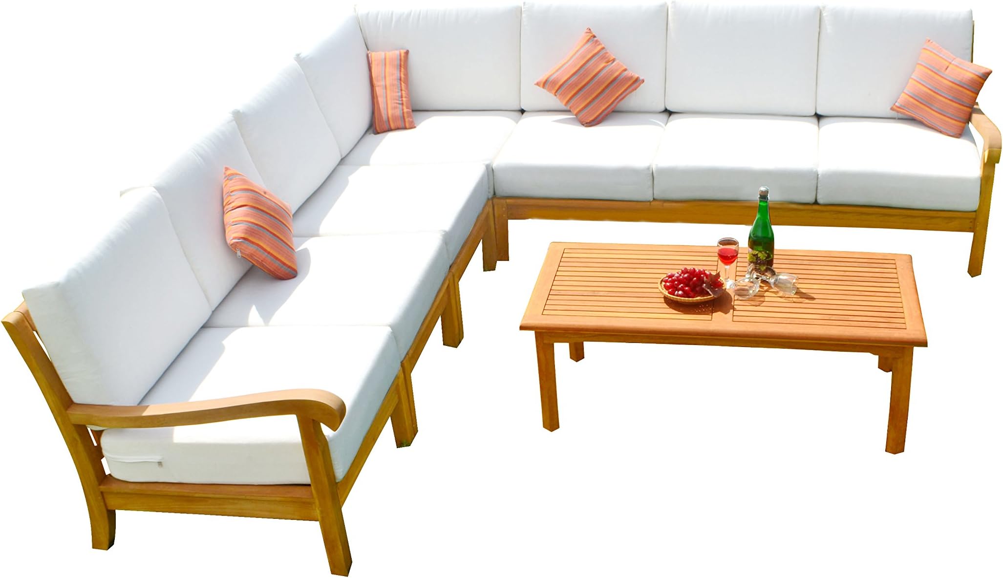 8 PC A Grade Outdoor Patio Teak Sofa Furniture Set - 1 Right, 1 Left, 4 Armless Chairs, 1 Corner, 1 Rectangle Coffee Table-Furniture Only - Naples Collection