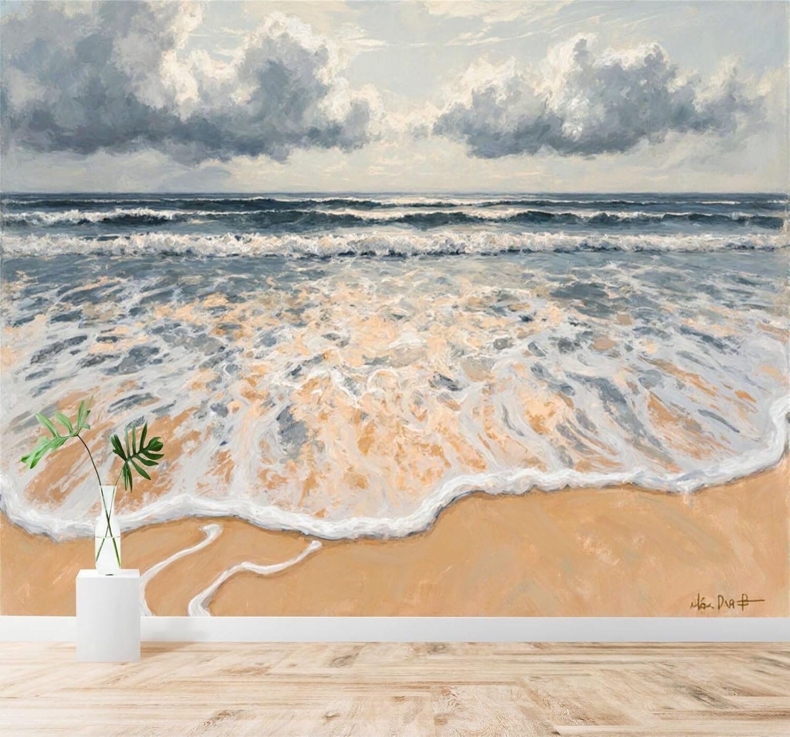 XLMING Waves Beach Cloudy Sky Seascape Art 3D Wallpaper Silky Texture Home Study Office Grey Dining Room Sofa Bedroom Living Room TV Backdrop-300cm×210cm