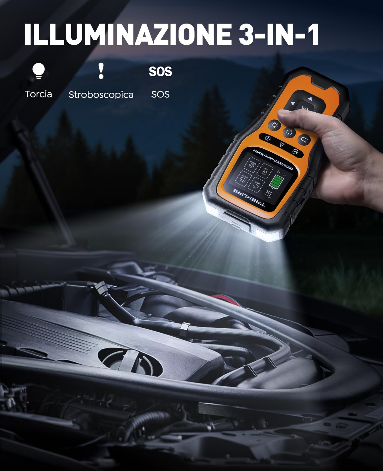 TREKURE Booster Avviamento Auto con OBD2 Diagnostica, 7000A Avviatore Di Emergenza (Tutti Gas o 10L Diesel), Portatile 12V Avviatore Batteria Auto con LED, OBDII, Tester Batteria, Power Bank