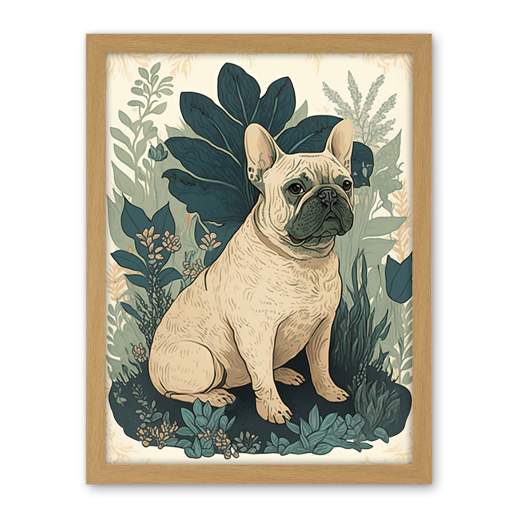 Artery8 French Bulldog and Tropical Plants Modern Pastel Colour Boho Illustration Artwork Framed Wall Art Print 18X24 Inch