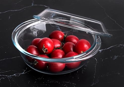 Miniatura 5 de Cacerola redonda de vidrio con tapa de vidrio, plato para hornear de vidrio anidable, a prueba de calor, frío y golpes, apto para horno, congelador