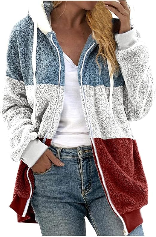 Fuzzy Fleece Jackets for Women Plus Size Hoodies Fall Winter Coats Color Block Patchwork Cardigan Coat with Pockets