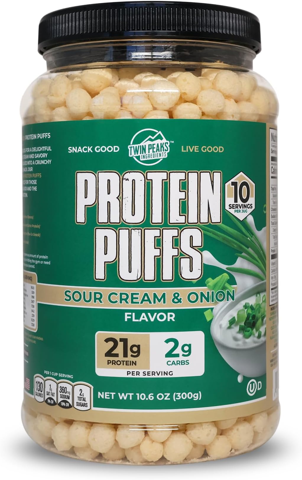 Twin Peaks Protein Puffs - (Sour Cream & Onion), Keto Friendly, Low Carb Snack (300g, 21g Protein, 2g Net Carbs, High Protein, Healthy Crunchy Snack)