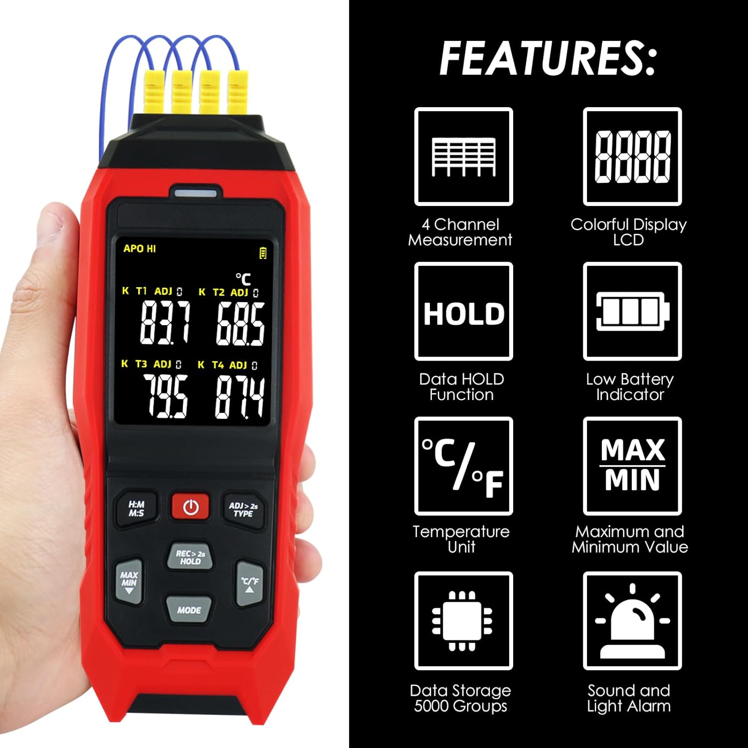 Thermocouple Thermometer 4 Channels Data Logger Portable K Type Thermometer with 5000 Groups Temperature Recording, -328~2501℉ Measurement Audible & Visible Alarm, ADJ Compensation