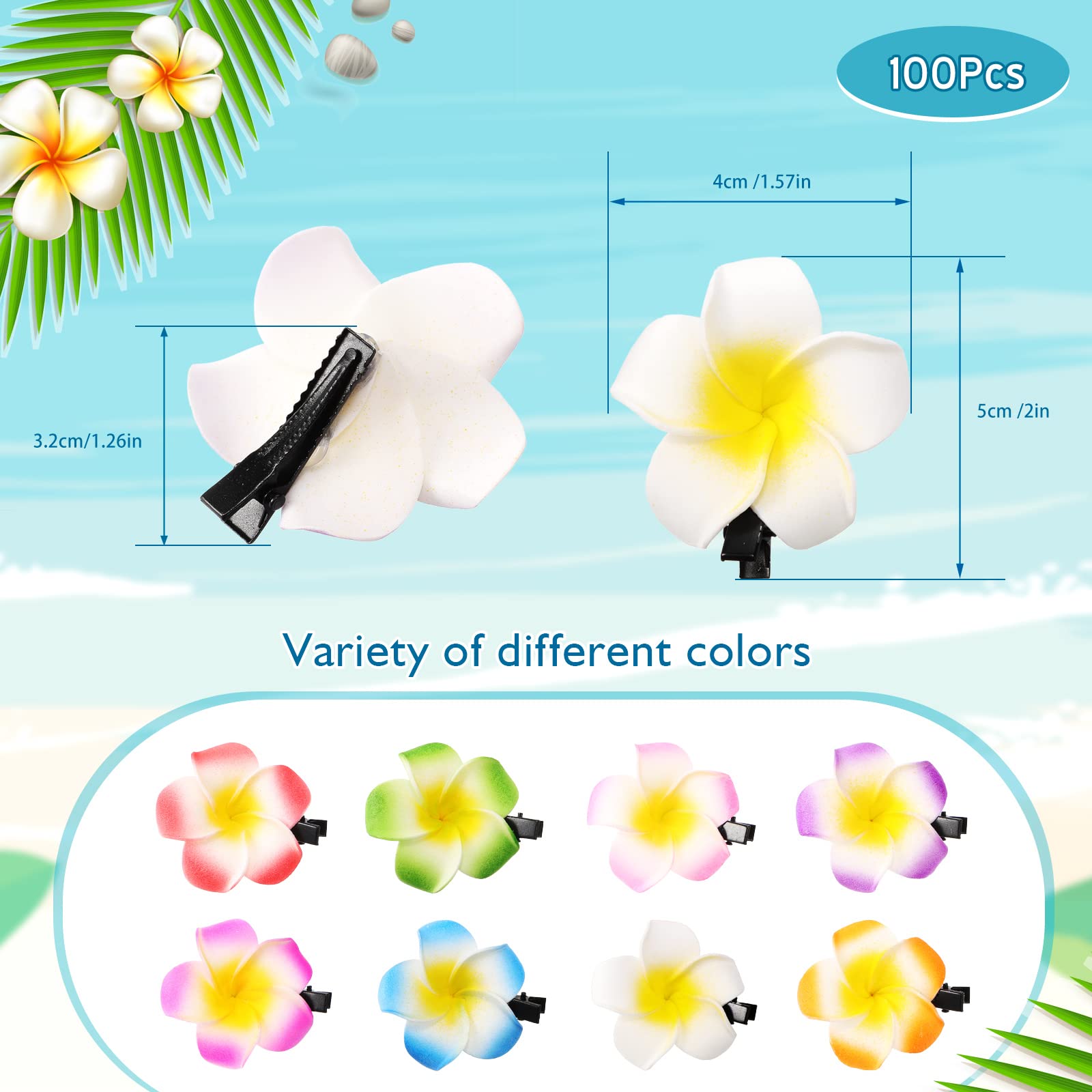 100 pinzas para el pelo de plumeria de 2 pulgadas con flores de espuma hawaiana para mujeres y niñas, Luau Beach Hawaii, tropical, novia, boda, fiesta, decoración, accesorios para el cabello,