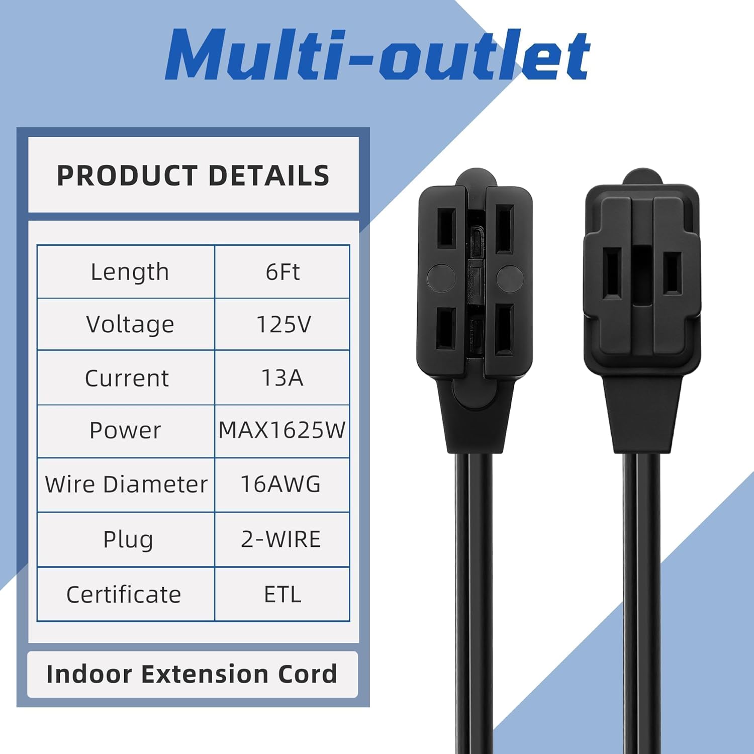 Power Strip with 3 Outlets, 16/2 SPT-2, 13 Amp 125V 1625 W, 6 Feet 2 Prong Extension Cord Socket for Desktops, Gaming Setups, and Home Offices,Black