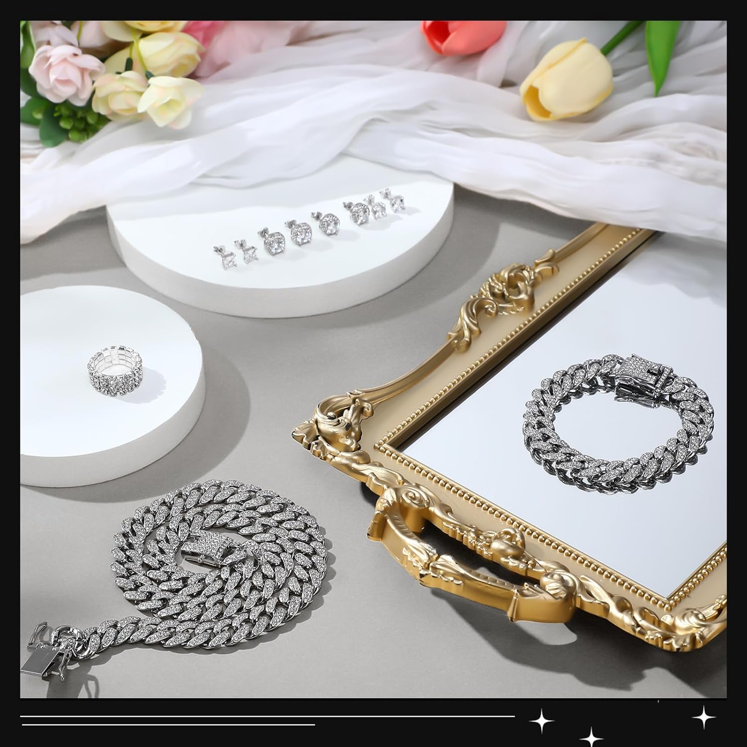 Tiamon 7 Pcs Cuban Link Chain Jewelry Set with Silver Rhinestone Necklace Bracelet Bling Stud Earrings Stretch Ring for Women Men Halloween Punk - Image 5