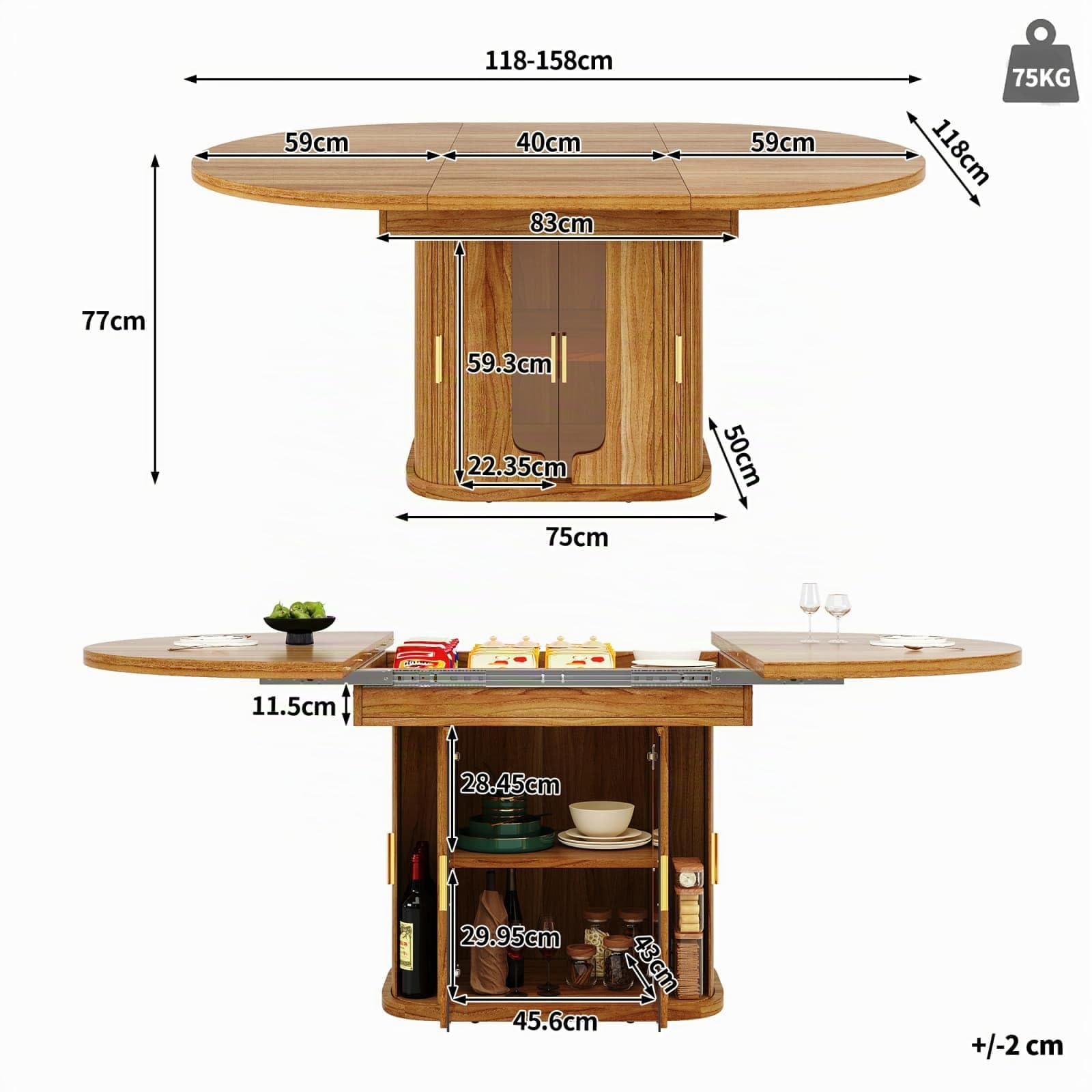 KOMHTOM Table à Manger Extensible, Table Pliante de Cuisine Salle à Manger, Table Ronde à Ovale 118-158 cm, Base avec Portes en Verre Intégrées, pour 6 Personnes, Bois (Noyer-2+MDF)