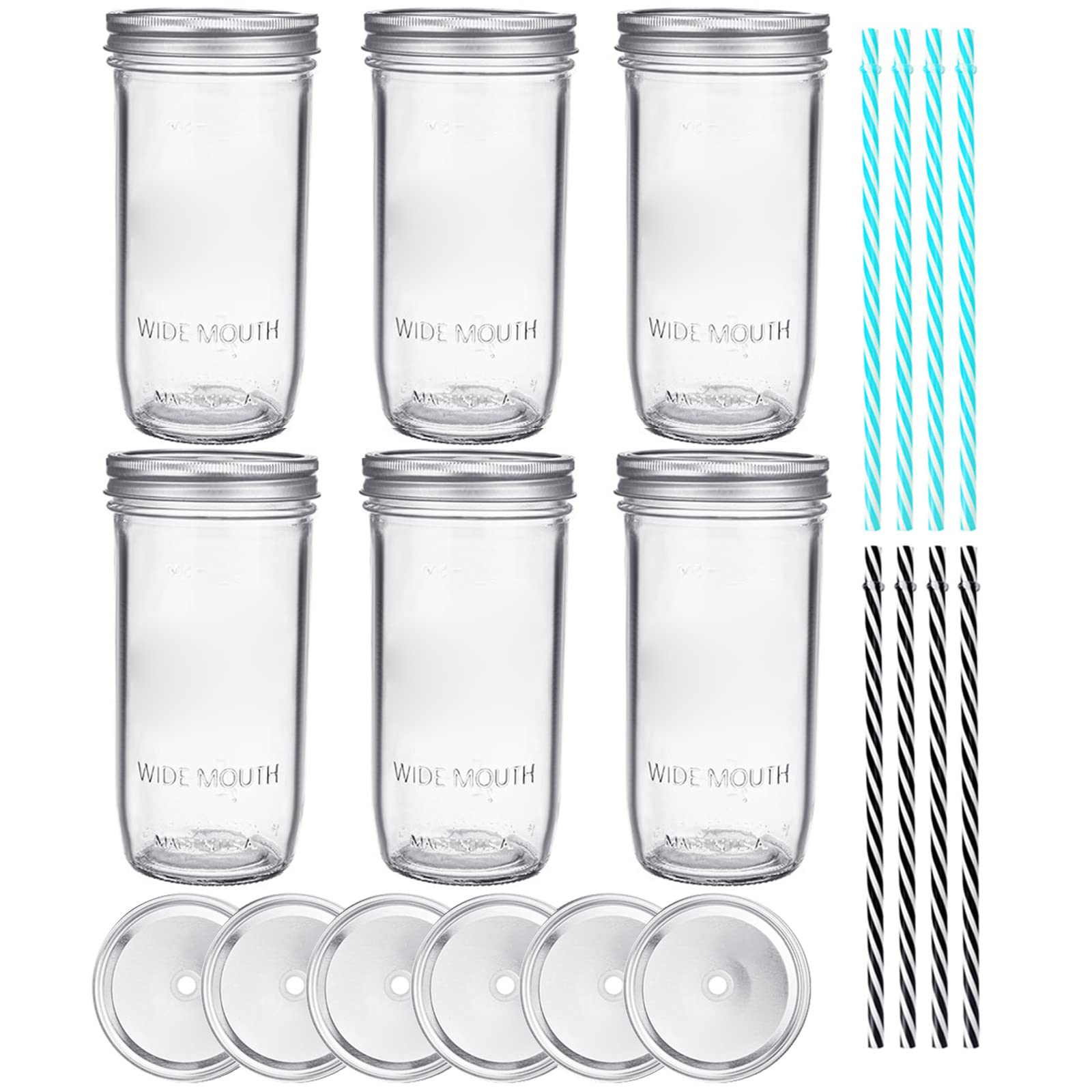 Tebery 6 Pack Wide Mouth Mason Jars, 24oz Canning Glass Jars, Drinking Jars with Lids and Straws