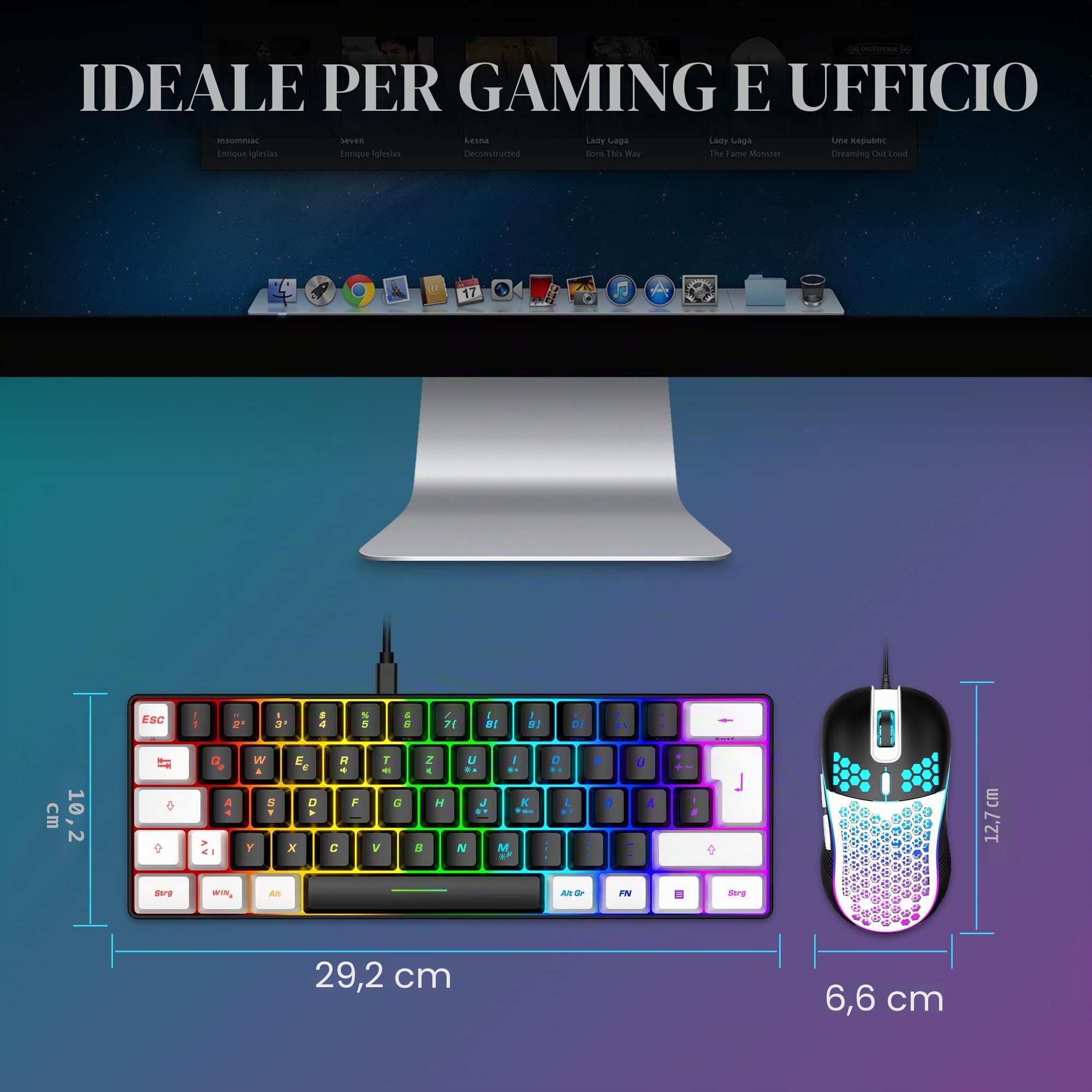 RedThunder 60% RGB, set tastiera-mouse gaming, mini tastiera, 62 tasti, layout tedesco, 7200 DPI, struttura a nido d'ape per PC, MAC, PS5, Xbox (bianco e nero)