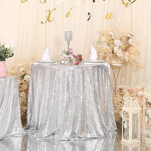Miniatura 2 de SquarePie Mantel redondo de lentejuelas plateado de 72 pulgadas brillante para boda, fiesta de cumpleaños, Navidad