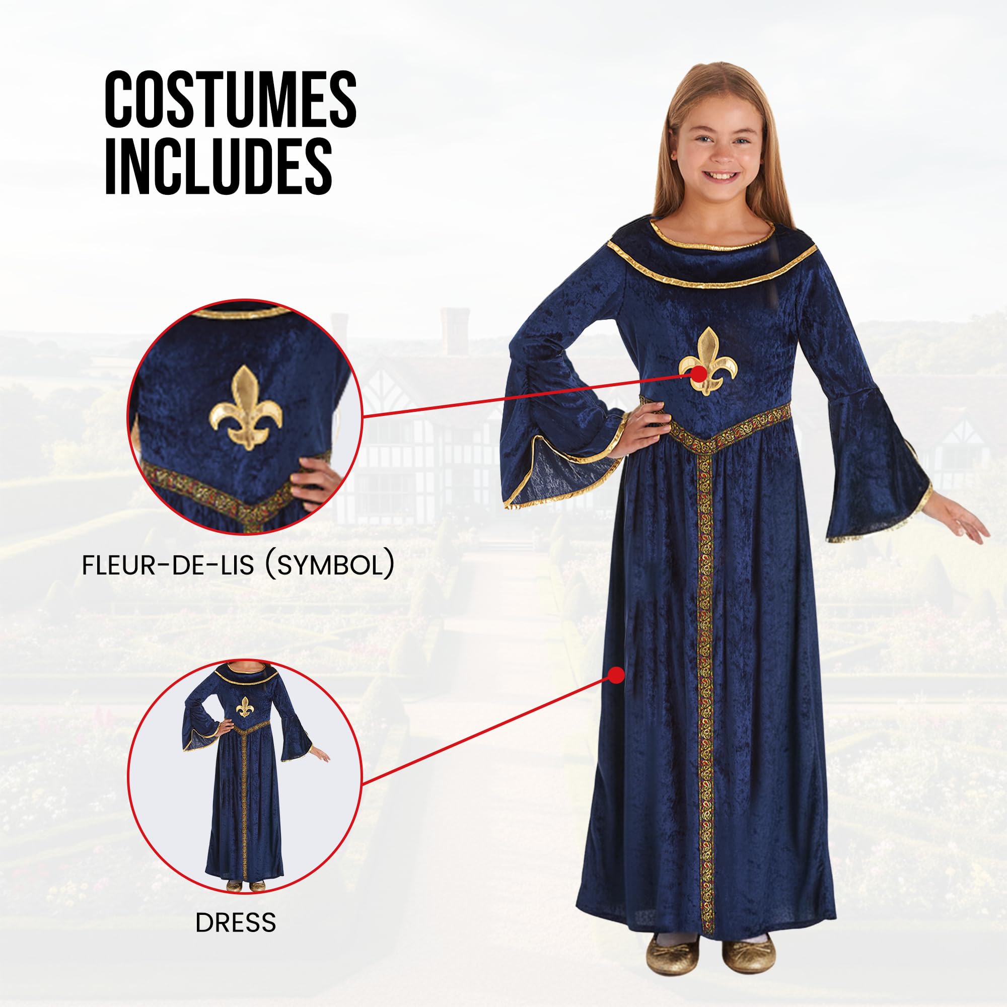 My Illusions Girls Blue Tudor Girl Historical Medieval Fancy Dress Kids Book Day Halloween Costume Childs Outfit (Small 4-6 Years) - Image 2