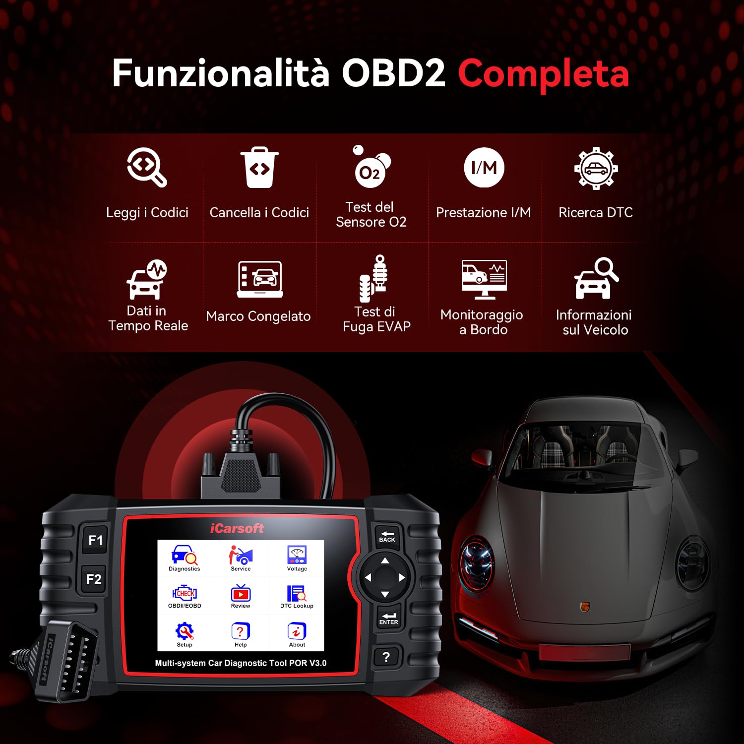 iCarsoft POR V3.0 OBD2 Auto Diagnostica per Porsche/Cayenne/Macan, Diagnosi Auto Professionale in Italiano per Tutti i Sistemi, 27 Funzioni di Ripristino, Test Bidirezionale, Aggiornamento a Vita