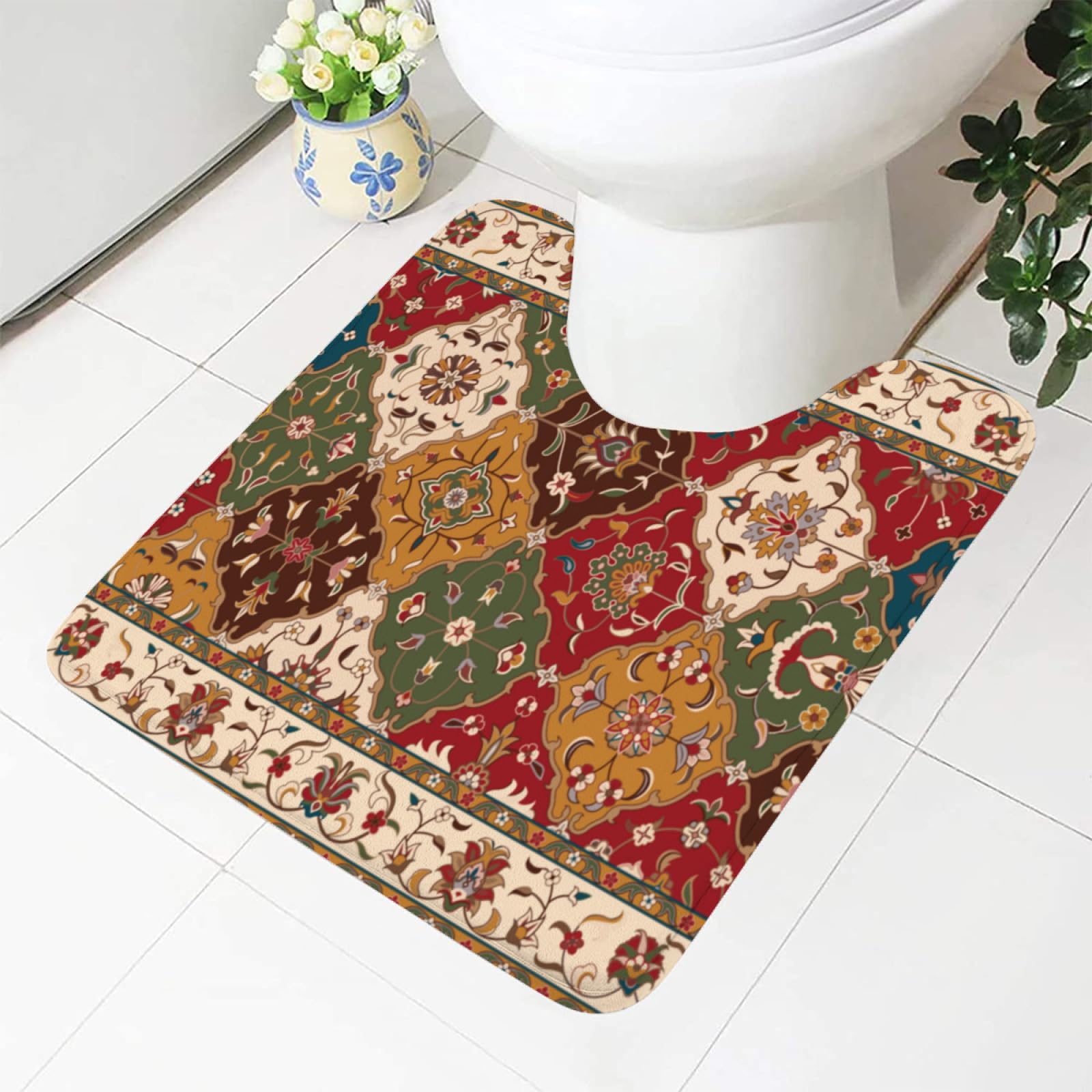 ENSFTF Toilet Rugs Boho Style Soft Comfortable Absorbent Toilet Mats Non Slip Machine Washable Toloet Contoured Bath Mats Soft Flannel U-Shaped Toilet