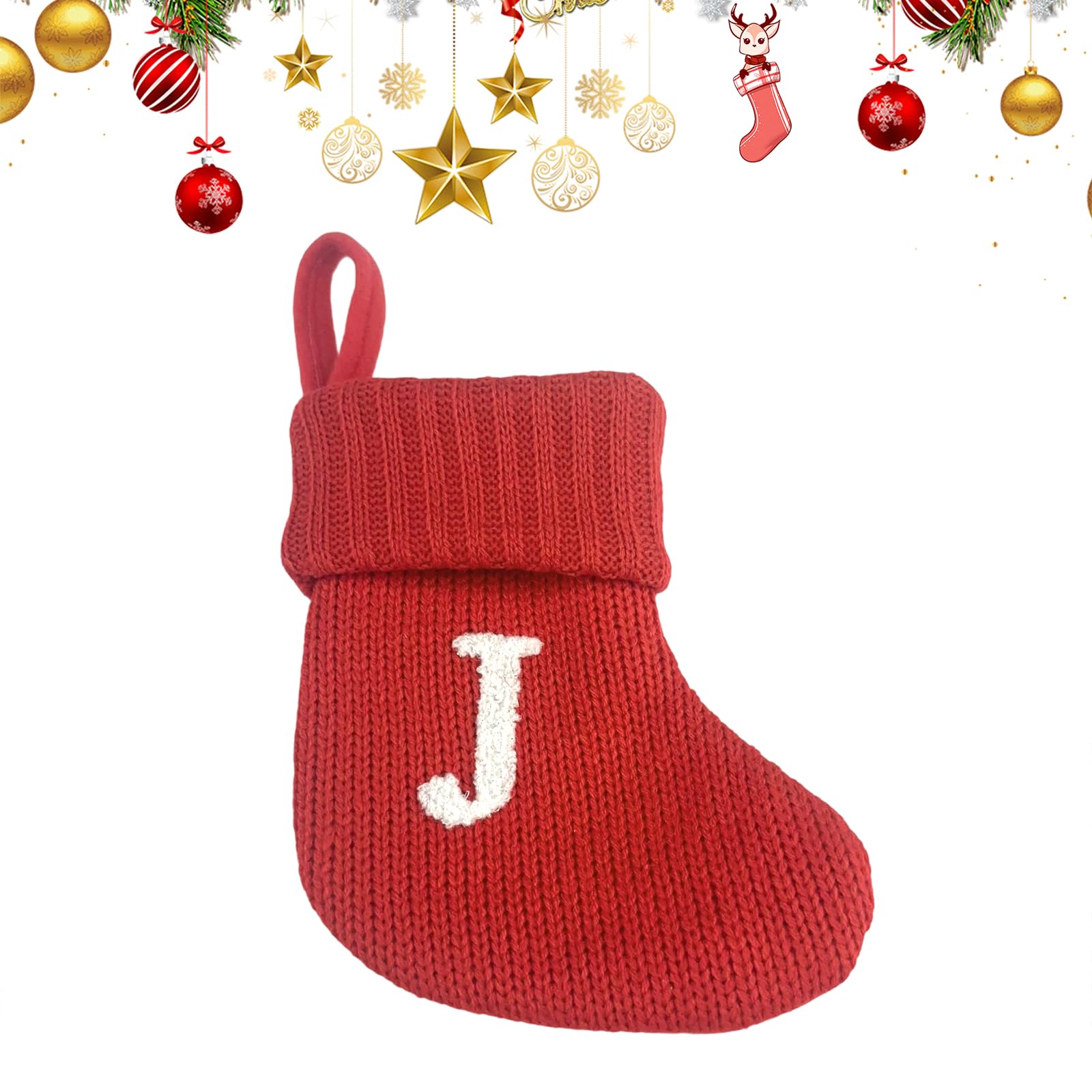 Uoaesr J Christmas Stocking, Knitted Festive Sock With Embroidered Letter, 18X15cm Personalized Christmas Stockings, Hanging Stocking For Fireplace & Tree Decor, Personalised Gift Bag (J)