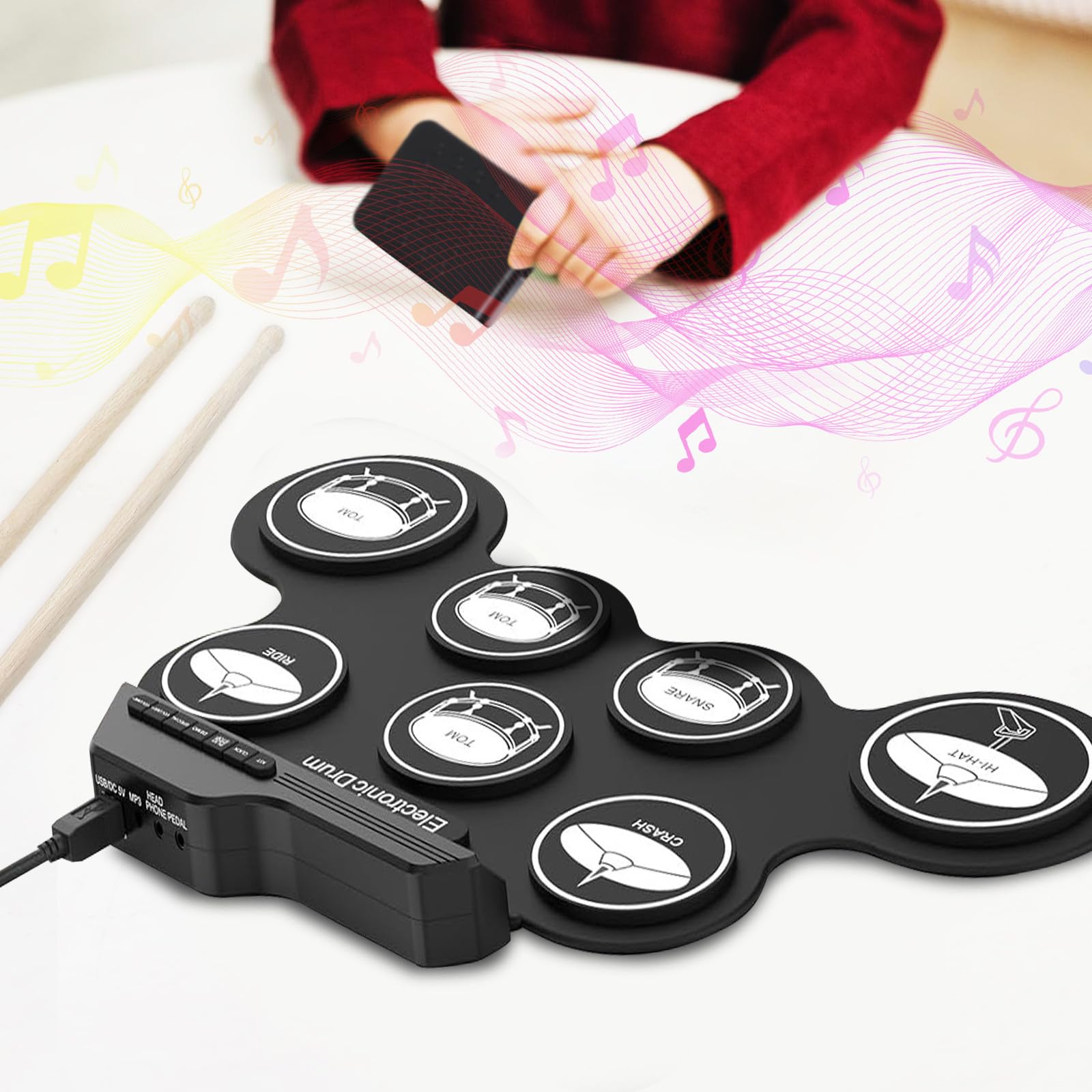 Batería Electrónica Portátil USB Pads de Silicona y Abs, Función Metrónomo Incorporado, Adecuado para Práctica Silenciosa y Transporte Cómodo