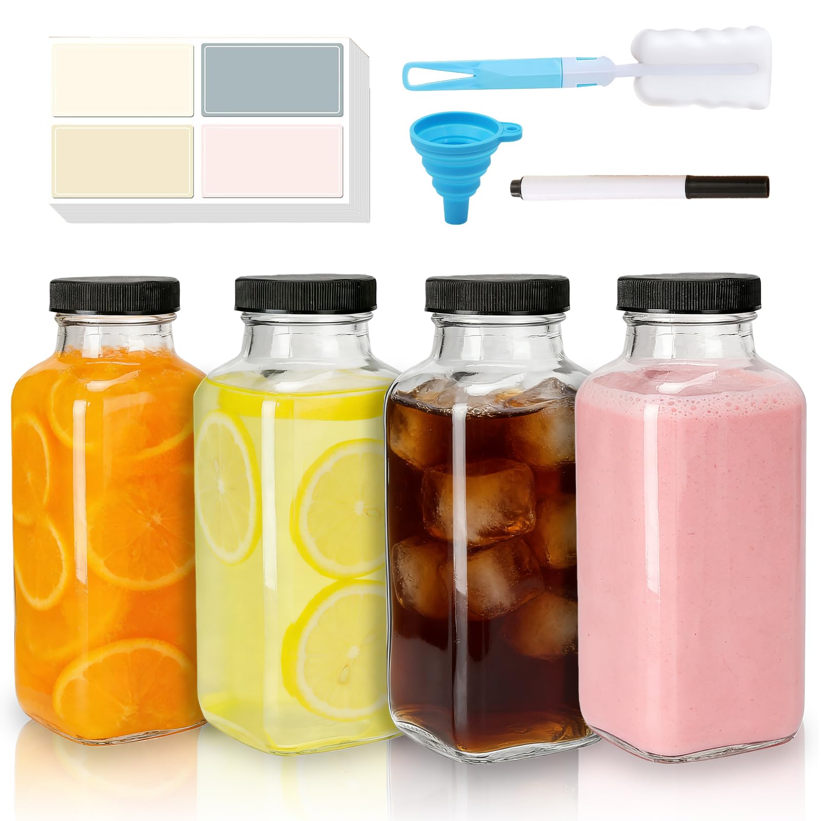 Meetoz Transparent Glass Juice Bottles With Lids, 4 Pack 500Ml Reusable Clear Glass Bottles, For Family, Camping, School, Travel, Smoothie, Milk, Juicing, Sauce Jar, And Other Drinkings
