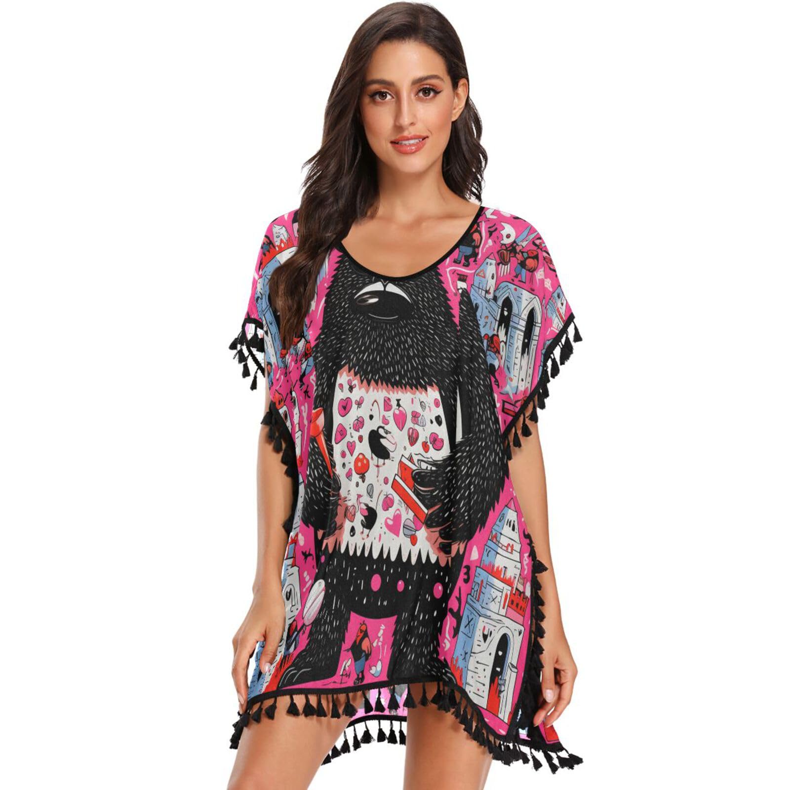 Pink Black Gorilla Art Women's Beach Cover Up Chiffon Tassel Swimwear Swimsuit Coverups for Girl