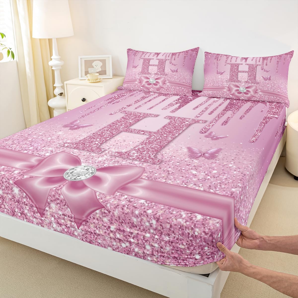 Erosebridal Monogrammed H Bed Sheets Full for Women - Glitter Personalized Initial Fitted Sheet Pink Purple Bow Diamond Bedding Set,Cute Coquette Alphabet Letters Bed Cover 3 Pcs