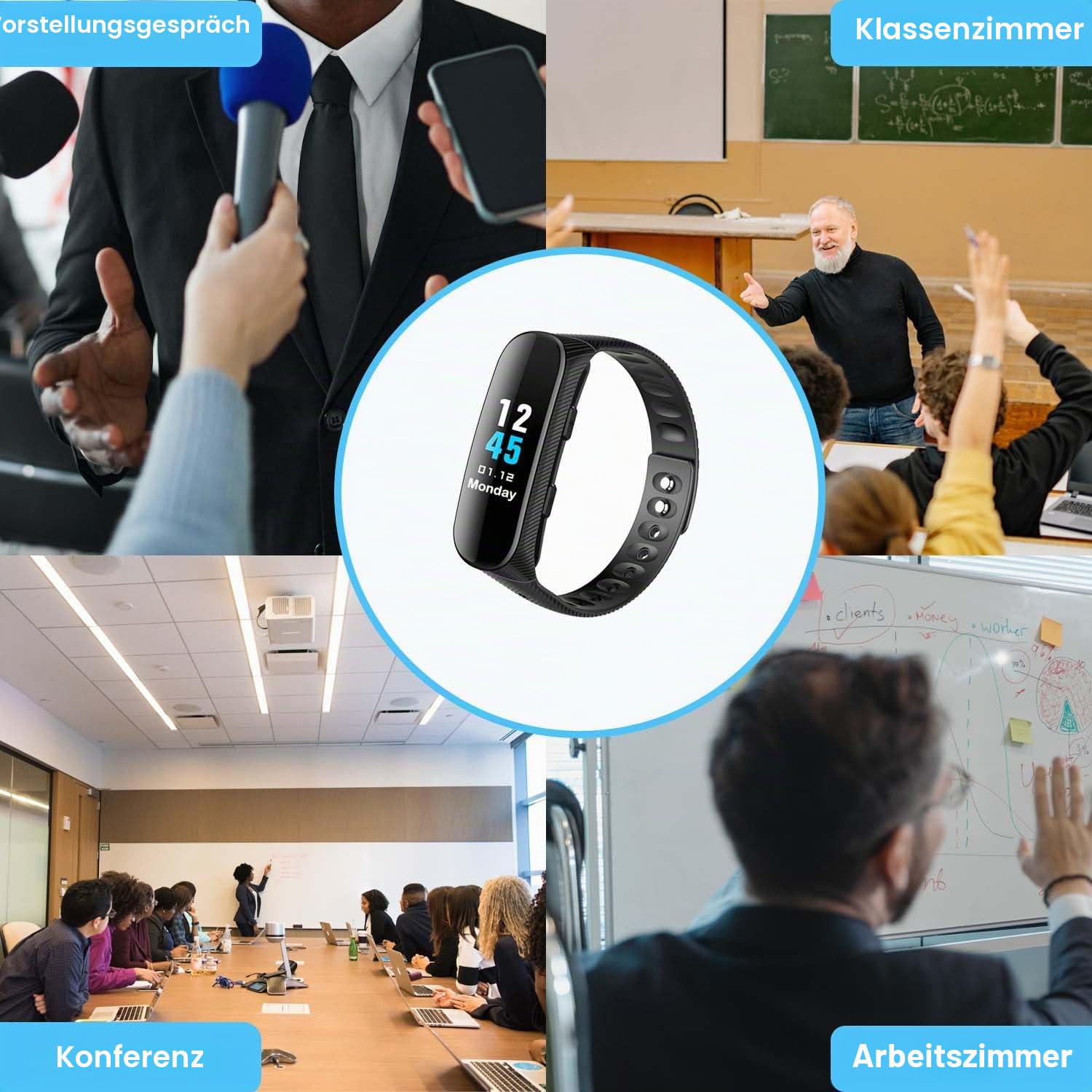 Sprachrecorder Armband 16 GB Professioneller Sprachrecorder mit Sprachaktivierung und MP3-Player Uhr mit Sprachaufzeichnung, wiederaufladbar, USB für Besprechungen, Interviews, Unterricht