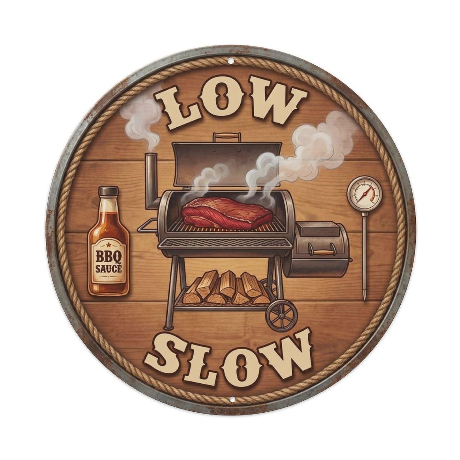 BBQ Barbecue Low Slow Vintage Metal Tin Sign Plaque Wall Decor for Cafe, Club, Garden Round Metal Poster 8x8Inch
