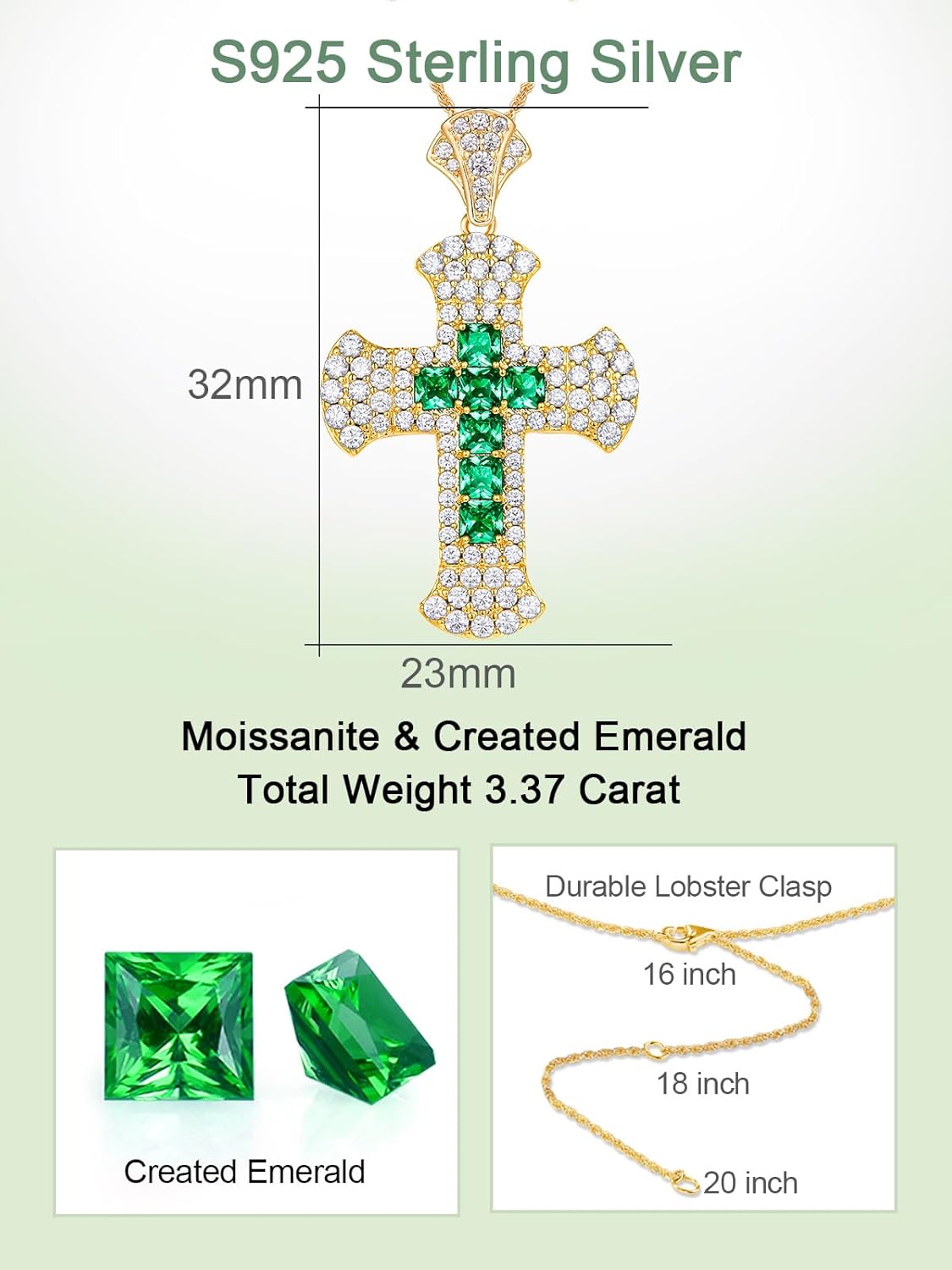 FWM Moissanite and Created Genuine Sapphire/Ruby/Emerald Cross Necklace for Women Men, Solid 925 Sterling Silver, 16”/18”/20” Adjustable, Christian Anniversary Birthday Jewelry - Image 6