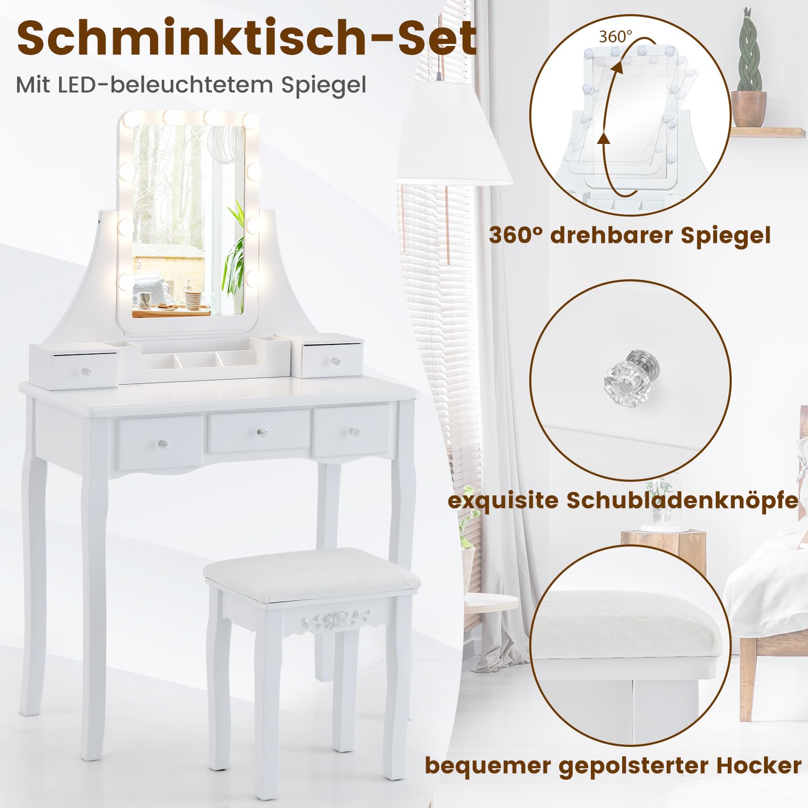 COSTWAY 2-in-1 make-uptafel met kruk, kaptafel