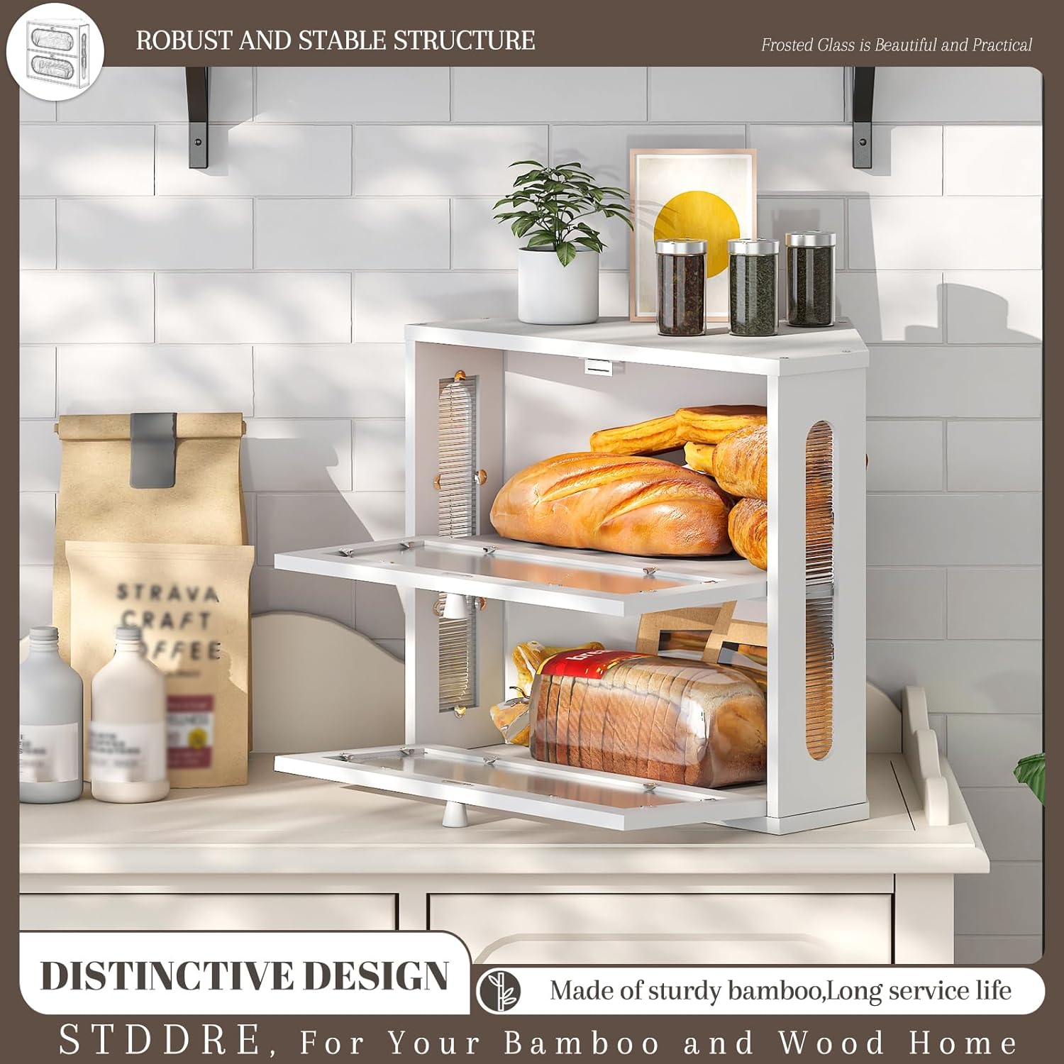 Corner Bread Box for Kitchen Countertop Bmaboo Double Layer Bread Boxes Capacity Farmhouse Bread Box, Corner Countertop Storage (White)