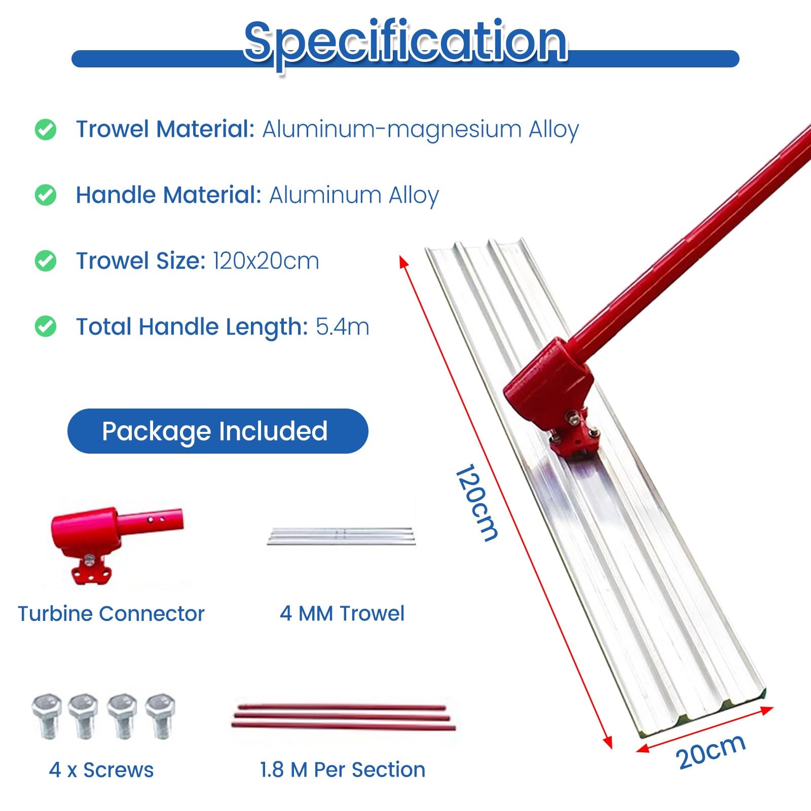 Cazzuola da muratore Kit Frattazzo Per Cemento - Frattazzo Per Finitura Ad Angolo Regolabile, Kit Frattazzo Per Cemento E Frattazzo Per Cemento, Frattazzo Per Lisciatura Con Manico Da 5,4 M(120x20cm T