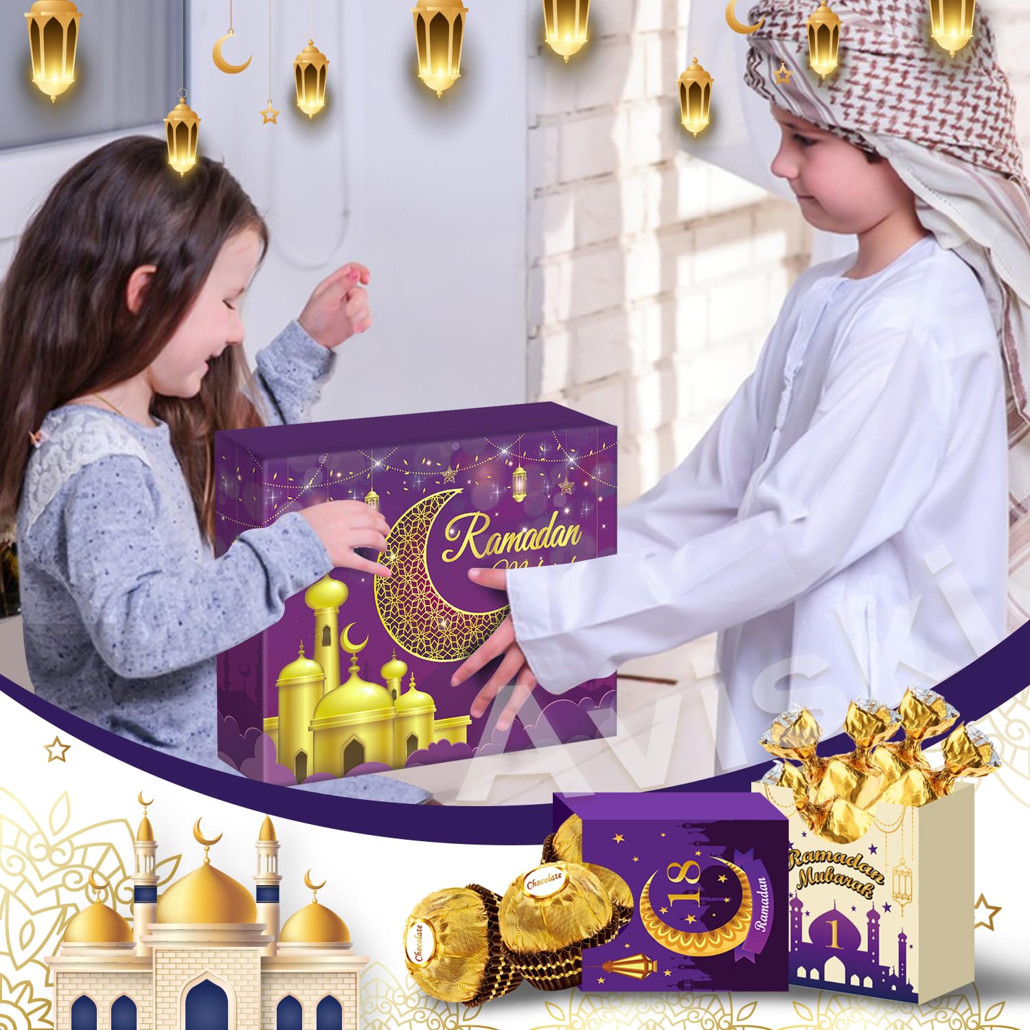 Calendrier de l'avent Ramdan 30 boîtes vides 30 jours Eid Mubarak coutdown Calendar avec des cadeaux du Ramadan, boîte rangement numéro en carton, fournitures de fête du Ramadan - Violet
