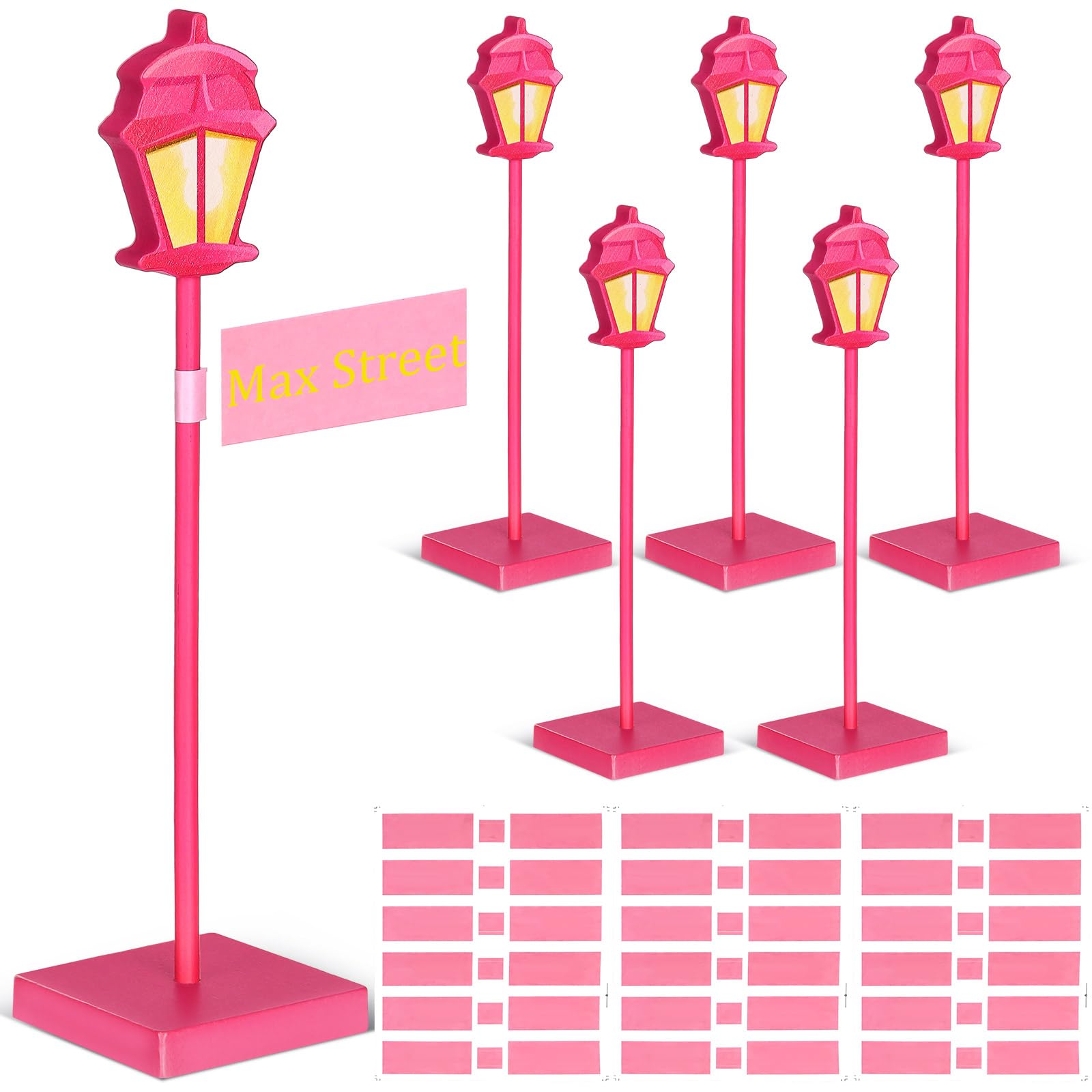 Colingmill 6 Pcs Street Sign Lamp Post Centerpiece Wooden Lamp Post with Street Party Sign Sticker for Toy Decor Friend Birthday Party Supplies